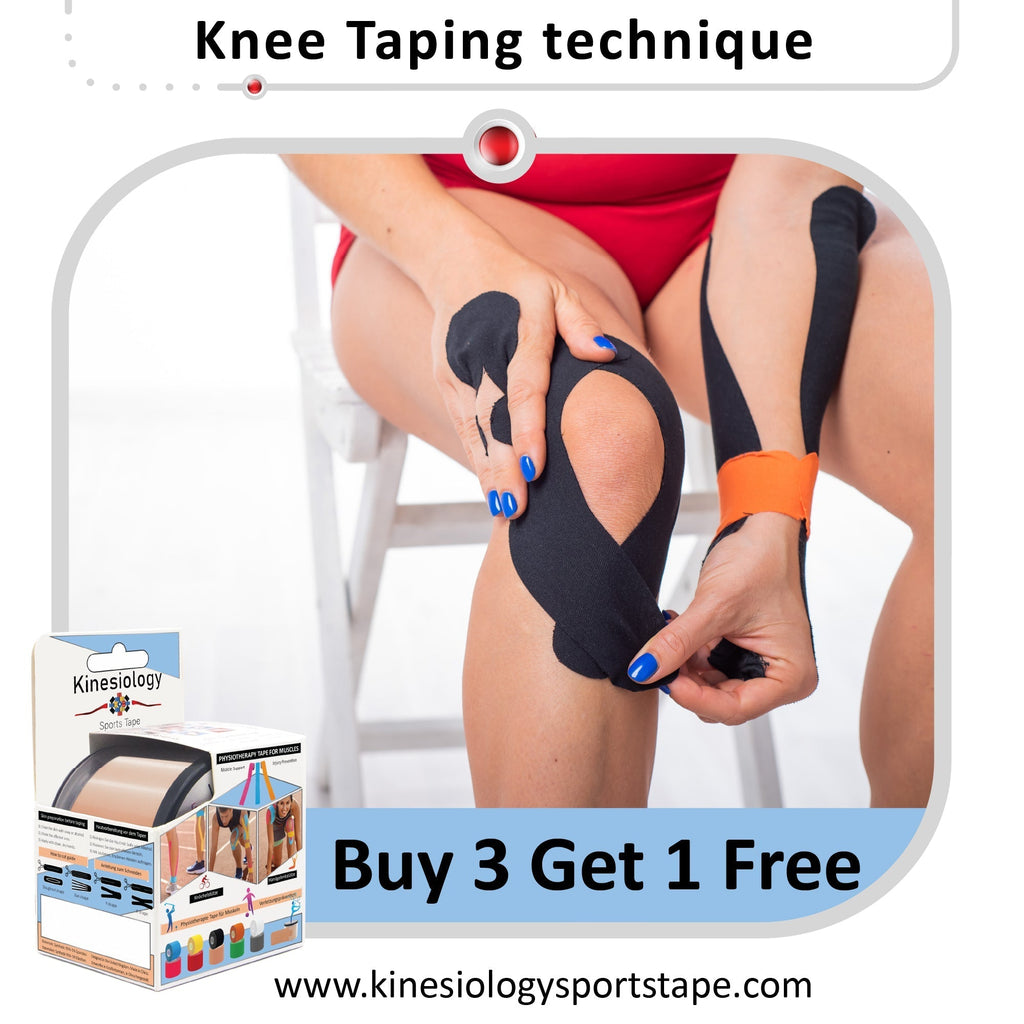 Knee taping technique with blue kinesiology tape – Kinesiology Sports Tape
