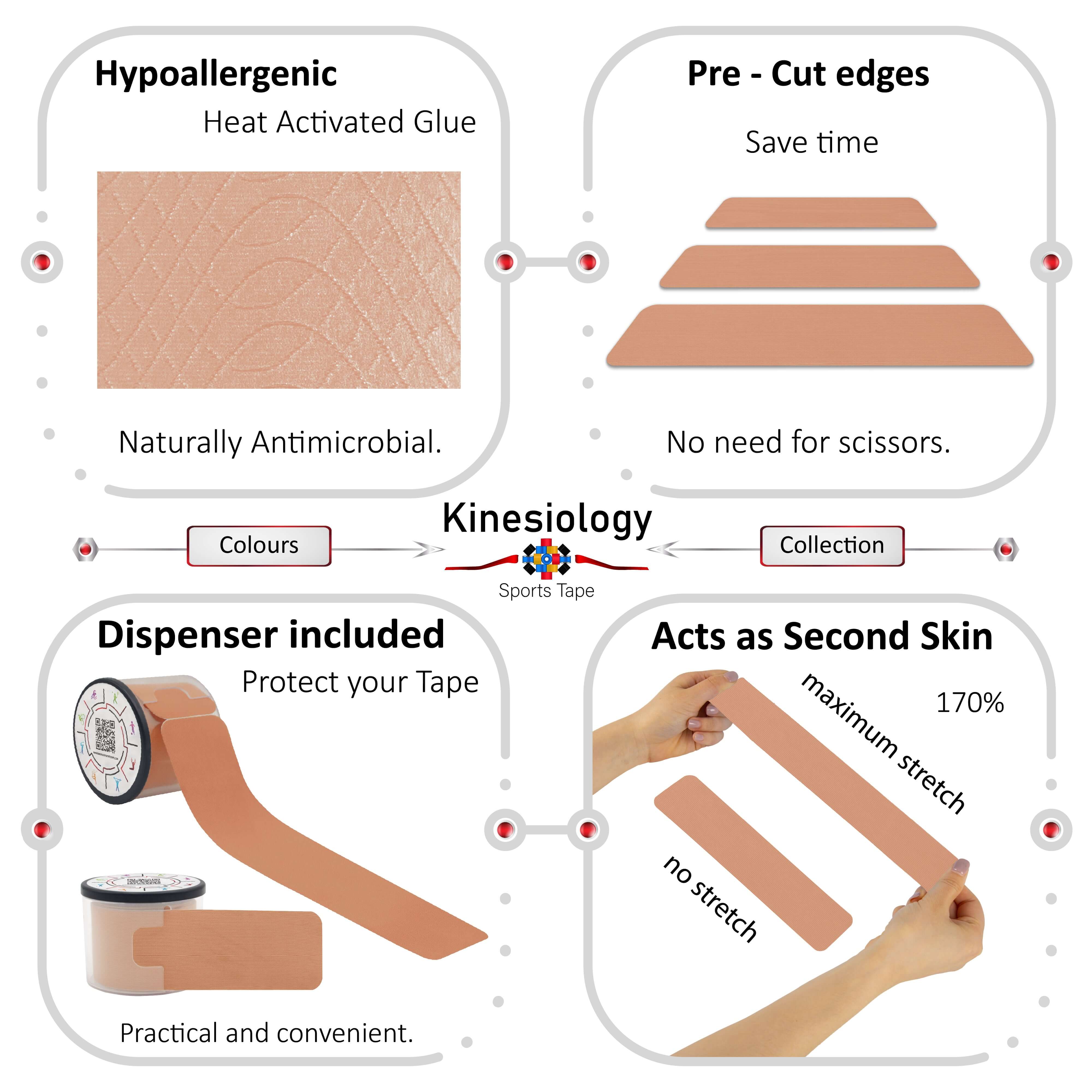 Beige Kinesiology Sports Tape Health & Fitness Kinesiology Tape Pre Cut with Dispenser - For Healing and Recovery 7