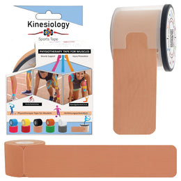 Beige kinesiology tape retail box with a pre-cut roll in its built-in dispenser and a loose strip – beige synthetic kinesiology tape, Kinesiology Sports Tape
