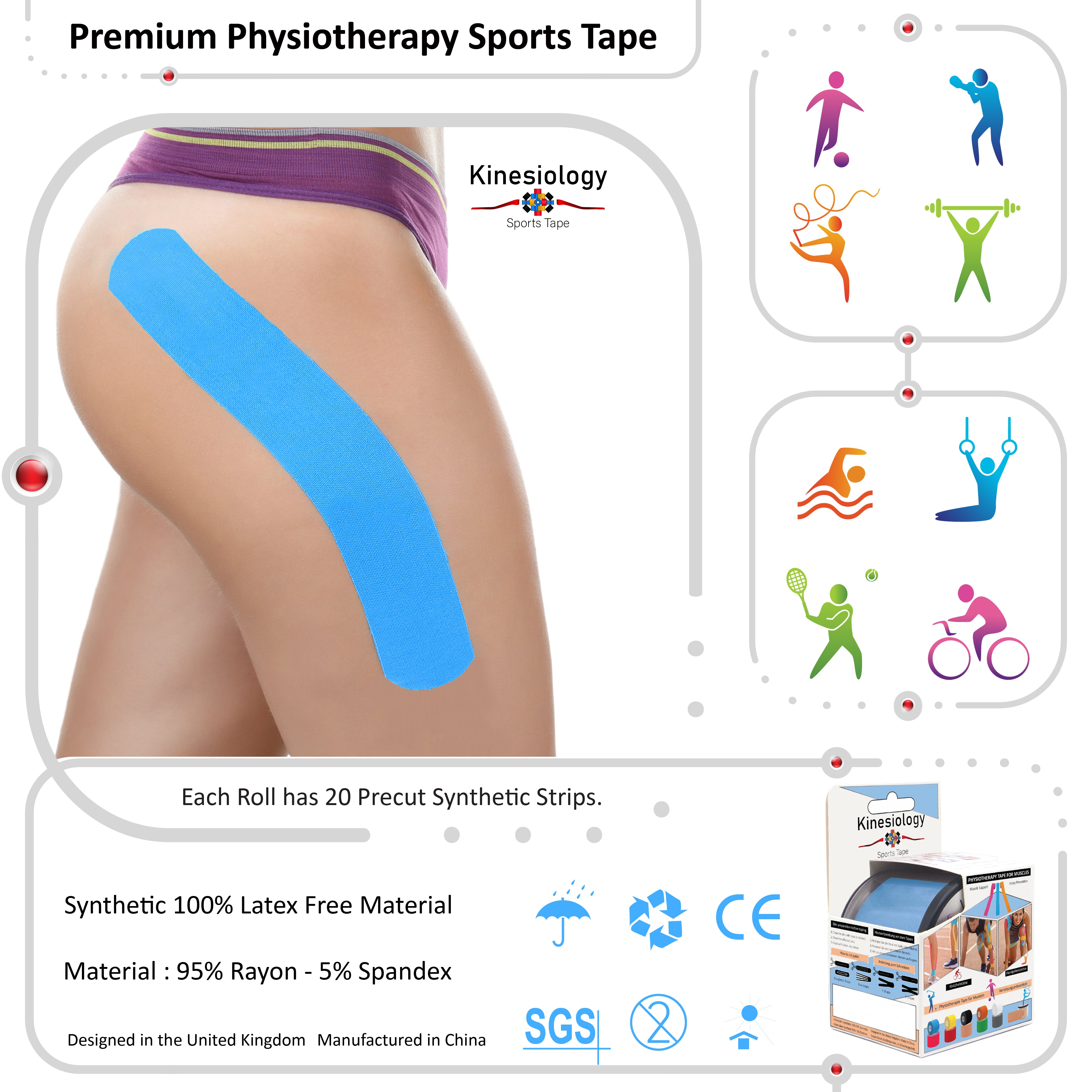 Blue Kinesiology Tape Pre Cut with Dispenser - Athletic Sports Tape - For Healing and Recovery
