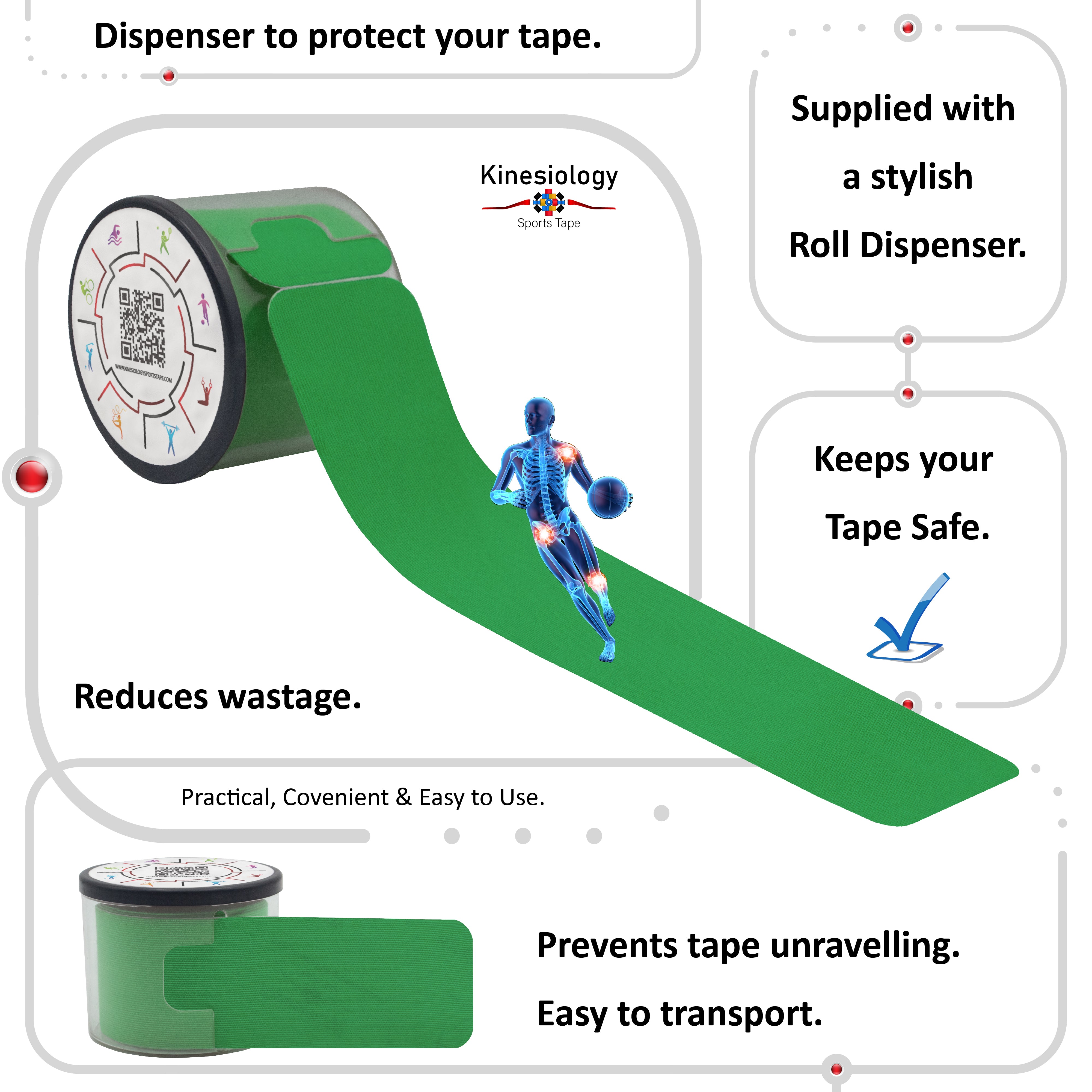 Green Kinesiology Tape Pre Cut with Dispenser - Athletic Sports Tape - For Healing and Recovery