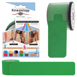 Green kinesiology tape retail box with a pre-cut roll in its built-in dispenser and a loose strip – green synthetic kinesiology tape, Kinesiology Sports Tape