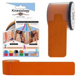 Orange kinesiology tape retail box with a pre-cut roll in its built-in dispenser and a loose strip – orange synthetic kinesiology tape, Kinesiology Sports Tape
