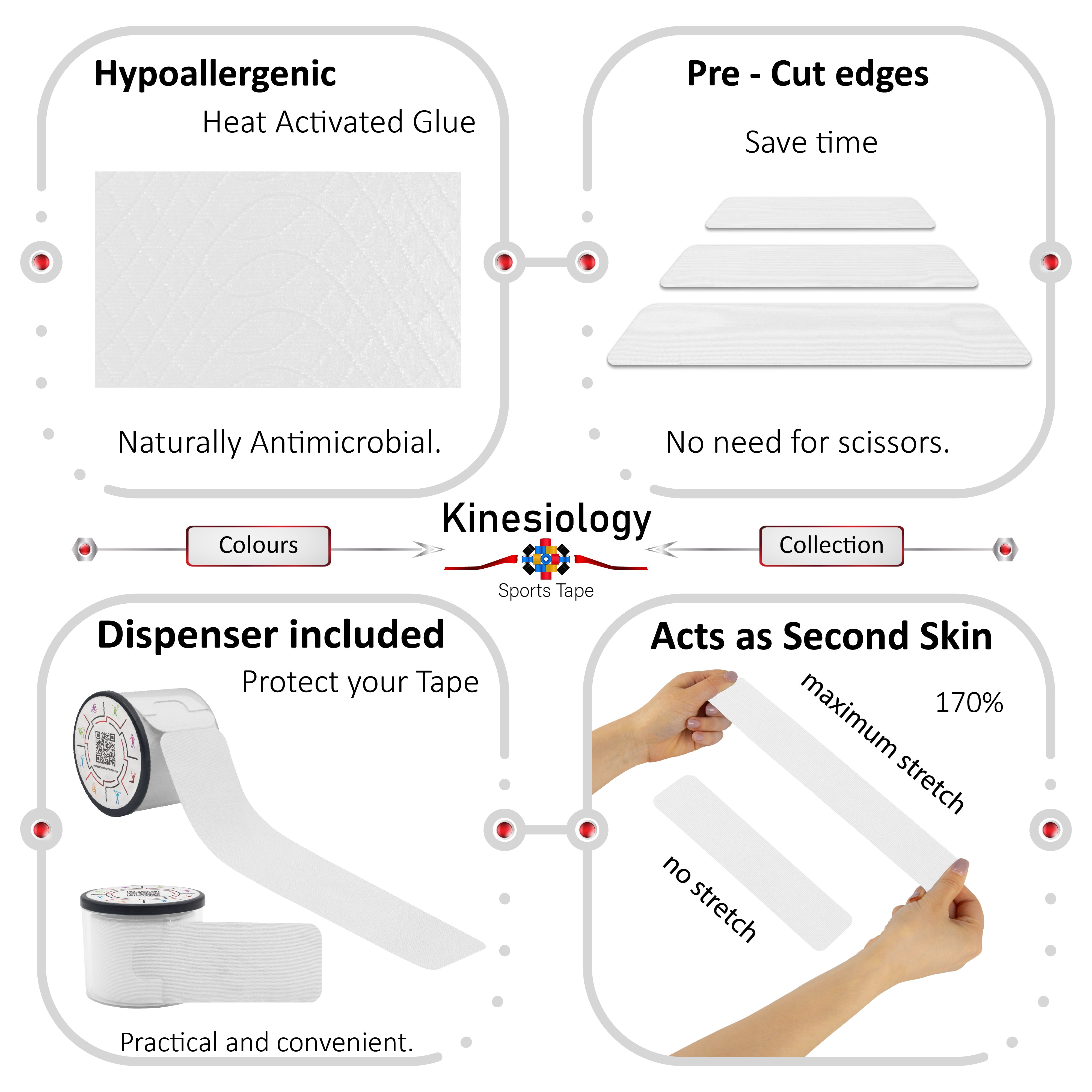 White Kinesiology Tape Pre Cut with Dispenser - Athletic Sports Tape - For Healing and Recovery