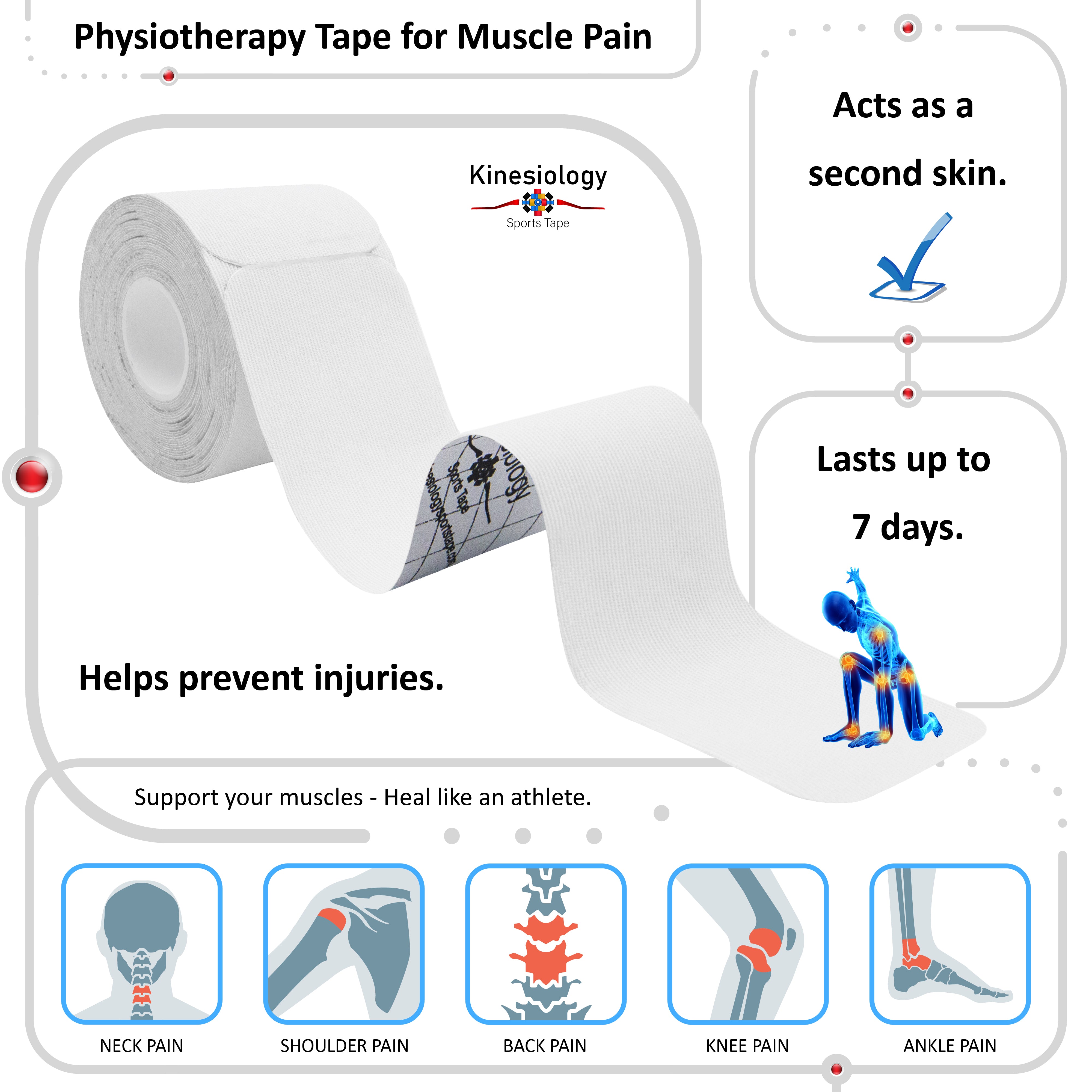 White Kinesiology Tape Pre Cut with Dispenser - Athletic Sports Tape - For Healing and Recovery