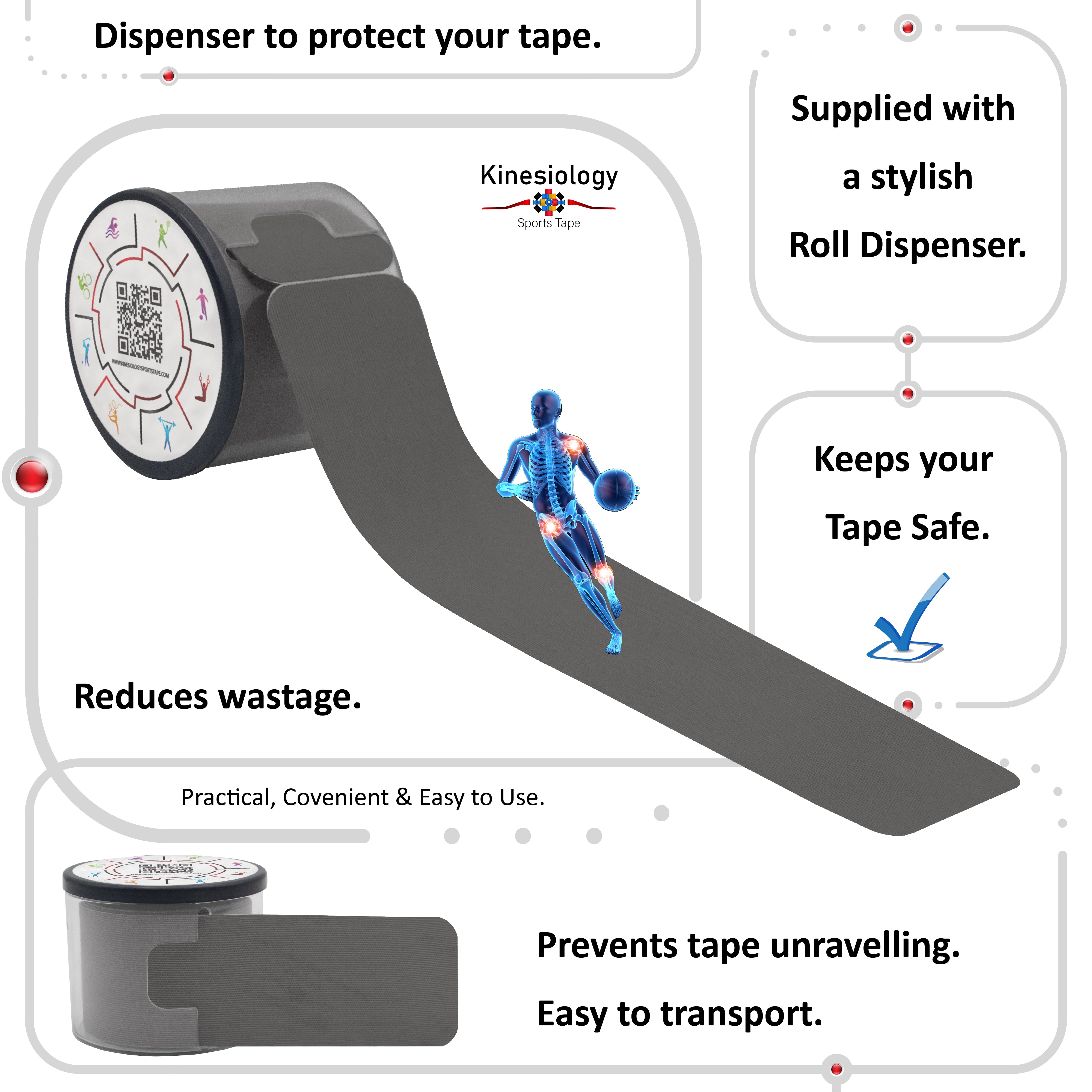 Grey Kinesiology Tape Pre Cut with Dispenser - Athletic Sports Tape - For Healing and Recovery