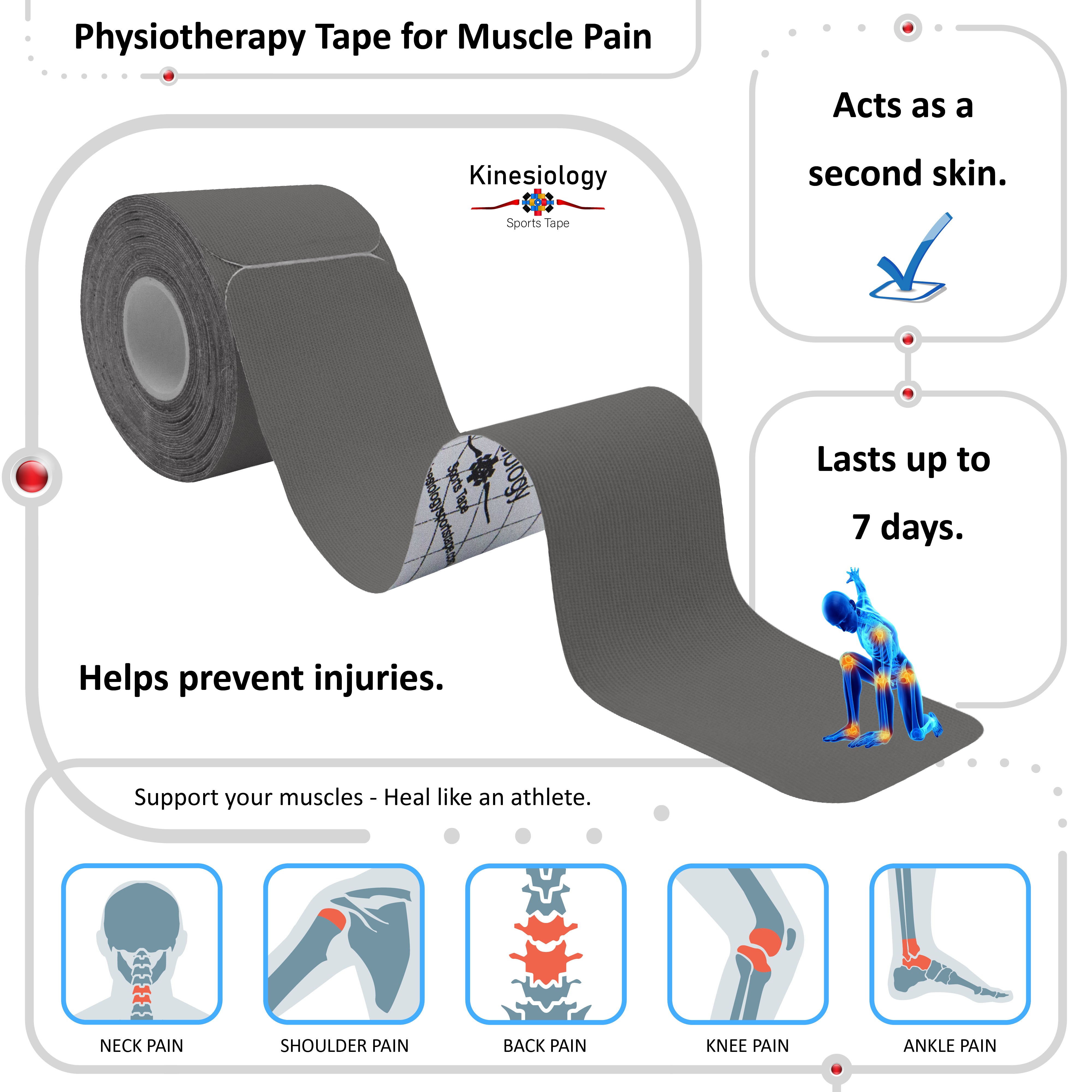 Grey Kinesiology Tape Pre Cut with Dispenser - Athletic Sports Tape - For Healing and Recovery
