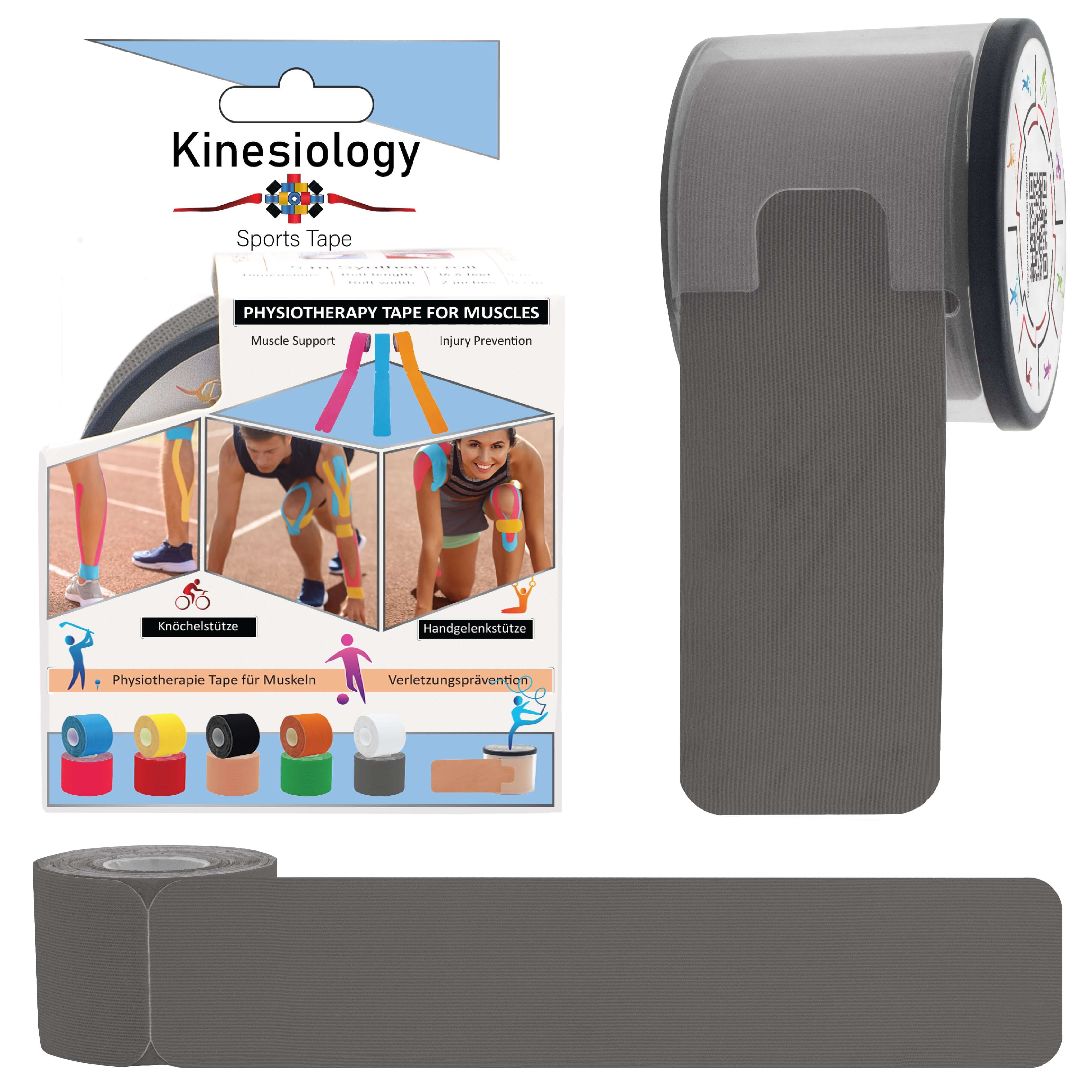 Grey Kinesiology Tape Pre Cut with Dispenser - Athletic Sports Tape - For Healing and Recovery