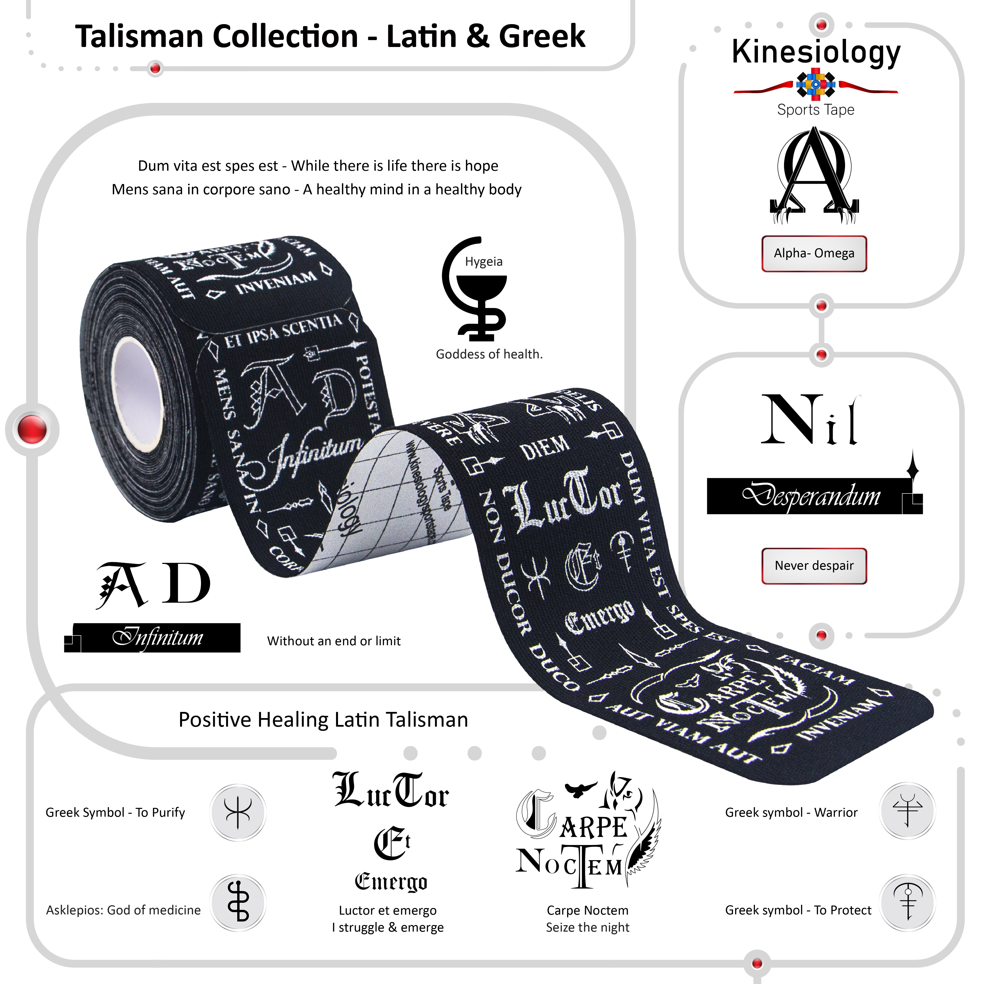 Black Kinesiology Tape Pre Cut with Dispenser - Talisman - Latin - Greek - Vertical Design - Athletic Sports Tape - For Healing and Recovery