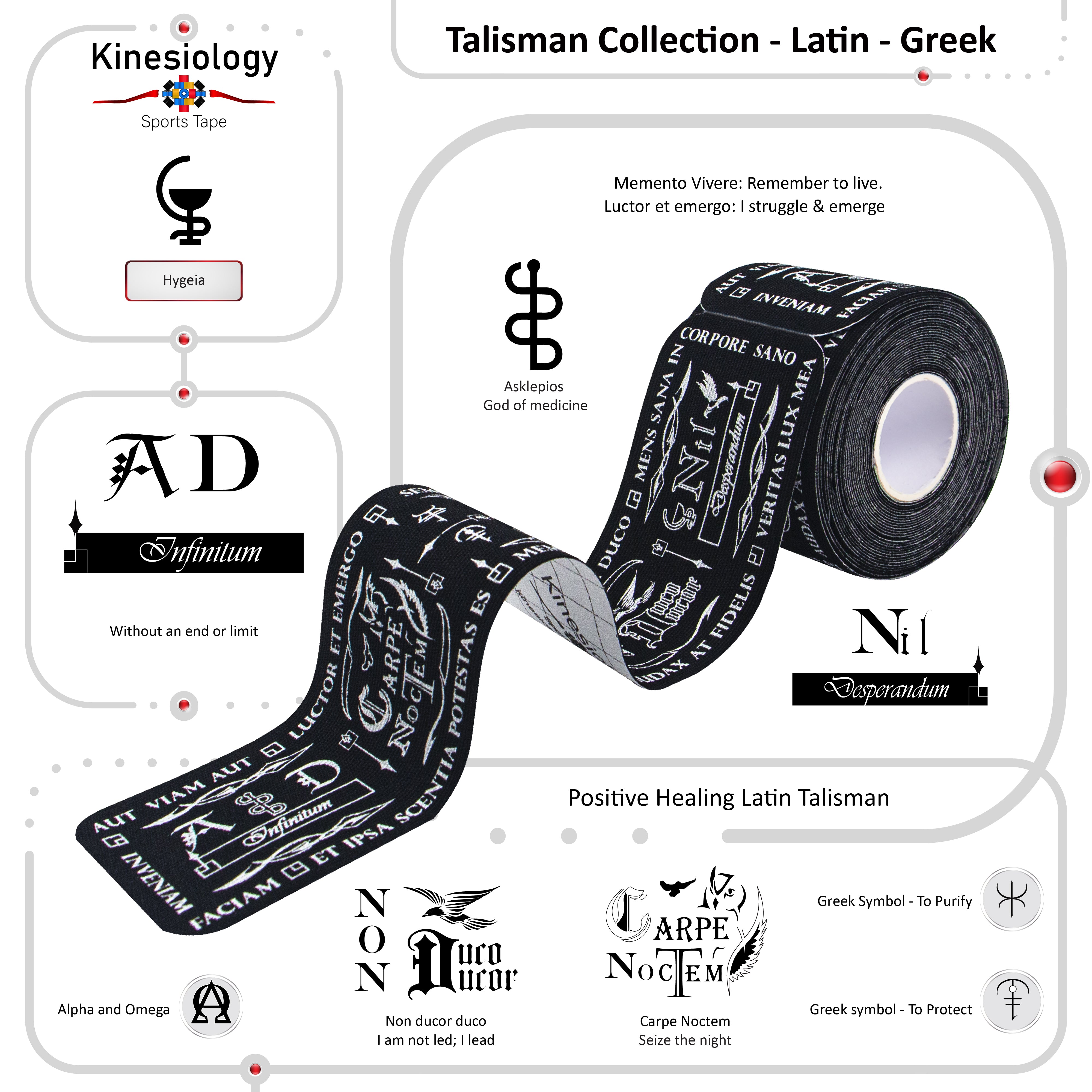 Black Kinesiology Tape Pre Cut with Dispenser - Talisman - Latin - Greek - Horizontal Design - Athletic Sports Tape - For Healing and Recovery