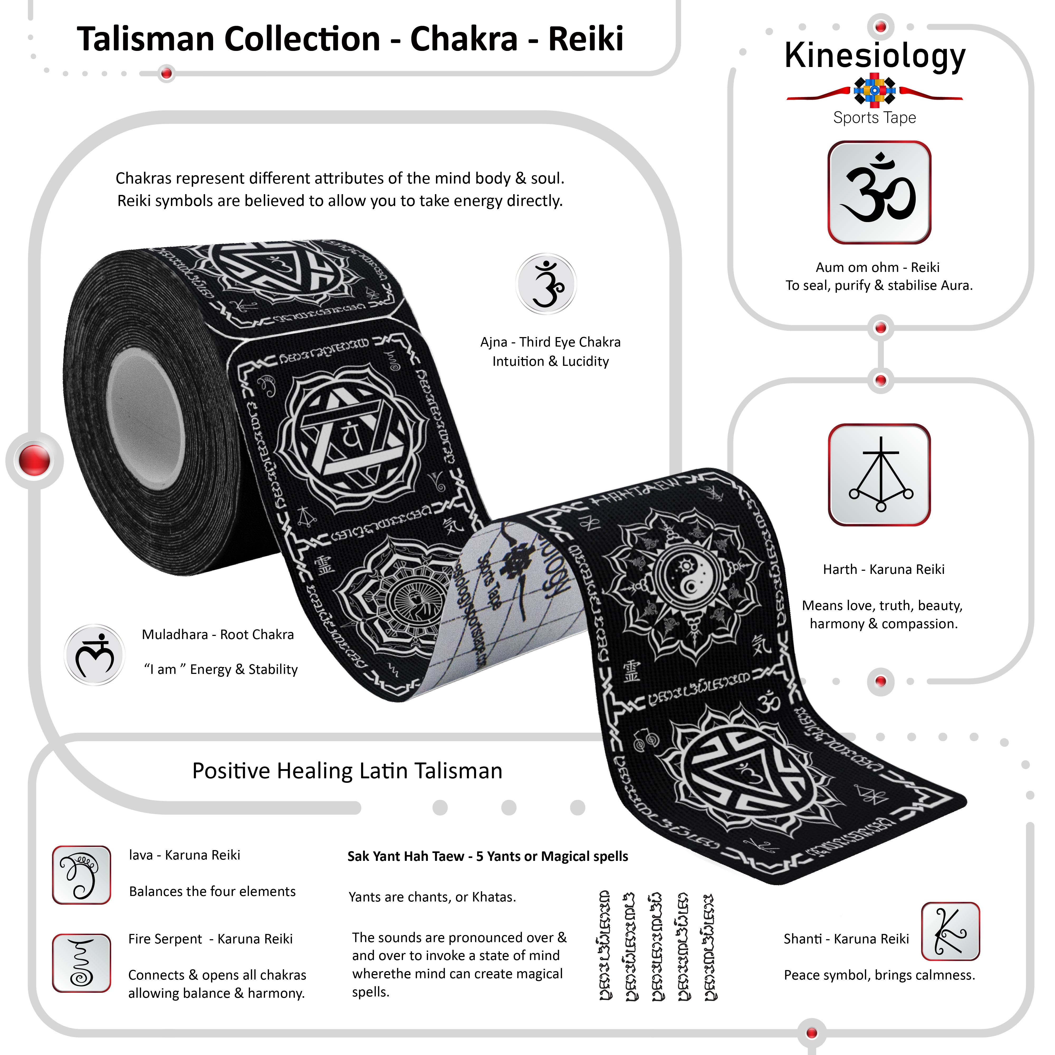 Black Kinesiology Tape Pre Cut with Dispenser - Talisman - Chakra - Vertical Design - Athletic Sports Tape - For Healing and Recovery