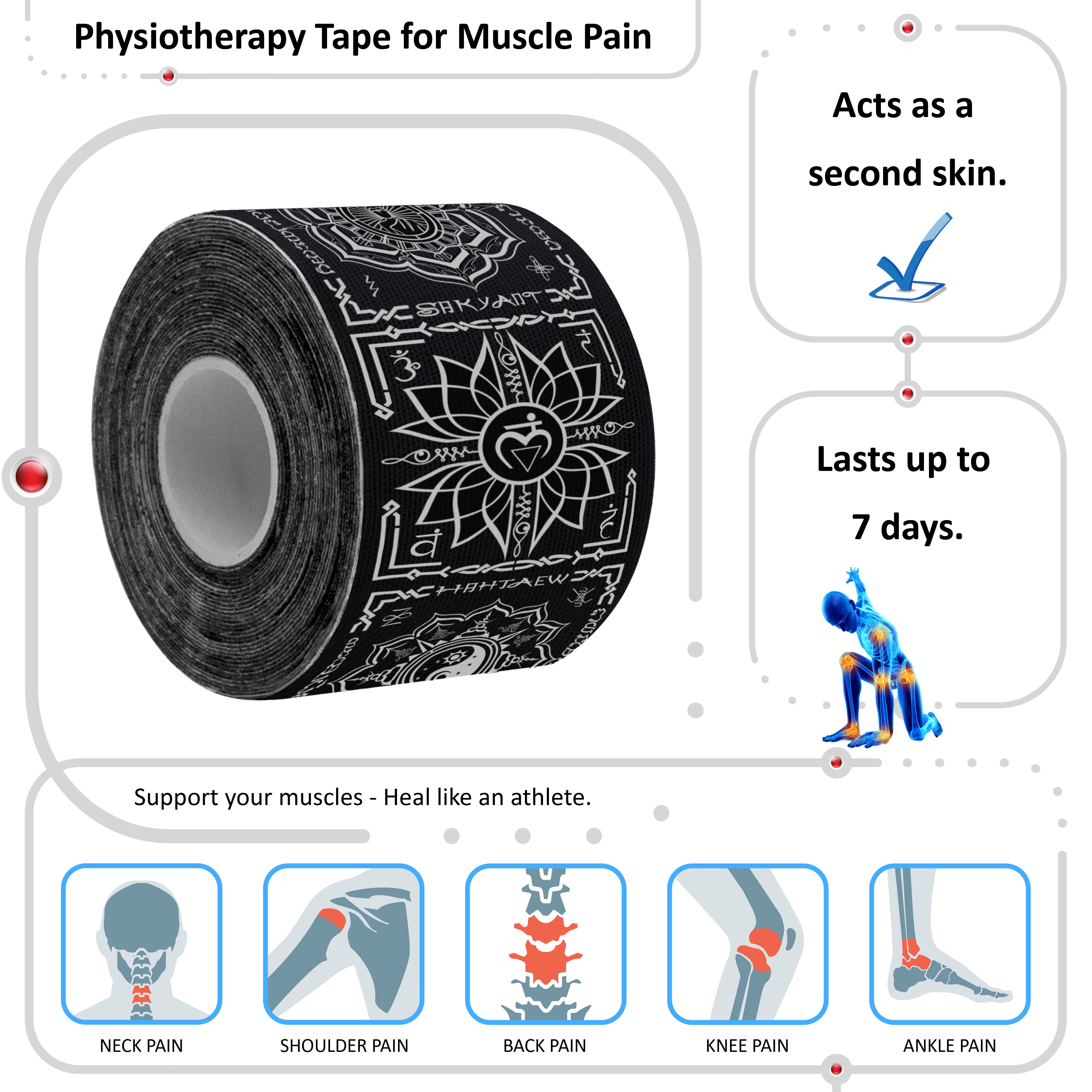 Black Kinesiology Tape Pre Cut with Dispenser - Talisman - Chakra - Vertical Design - Athletic Sports Tape - For Healing and Recovery