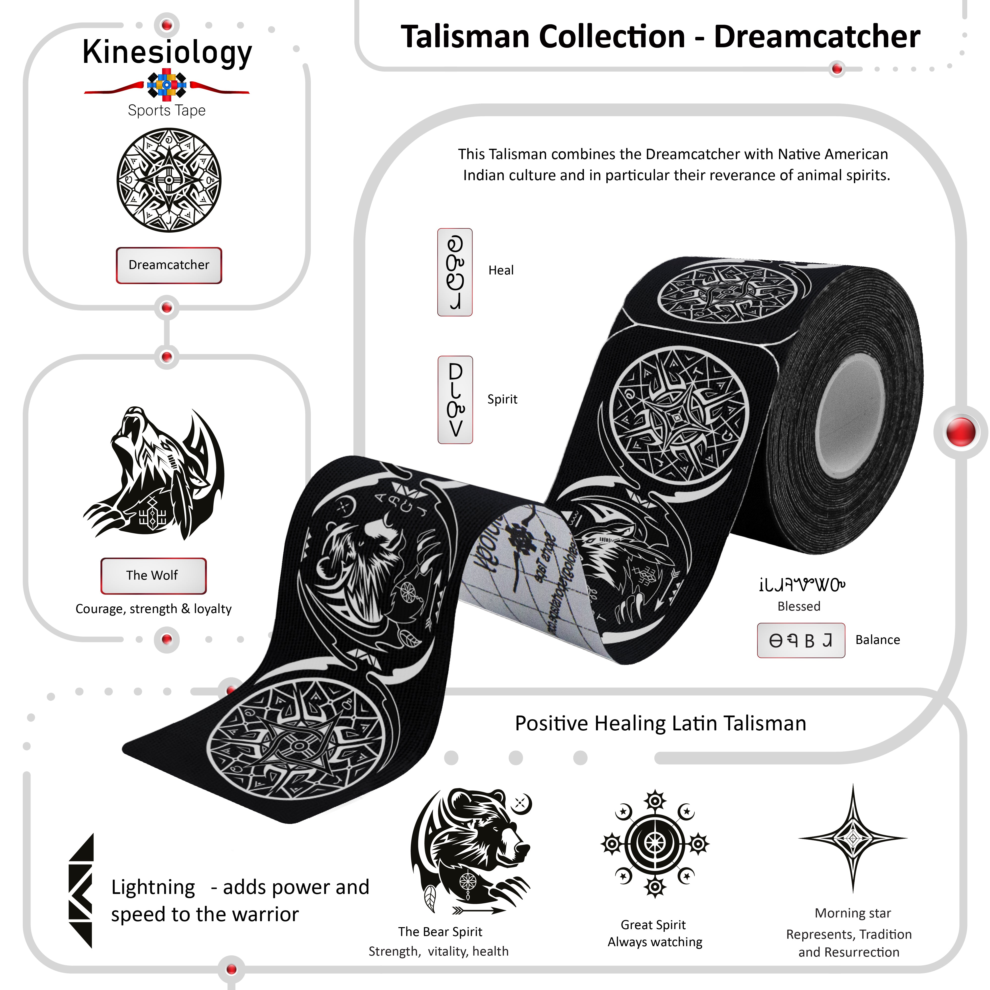 Black Kinesiology Tape Pre Cut with Dispenser - Talisman - Dreamcatcher - Horizontal Design - Athletic Sports Tape - For Healing and Recovery