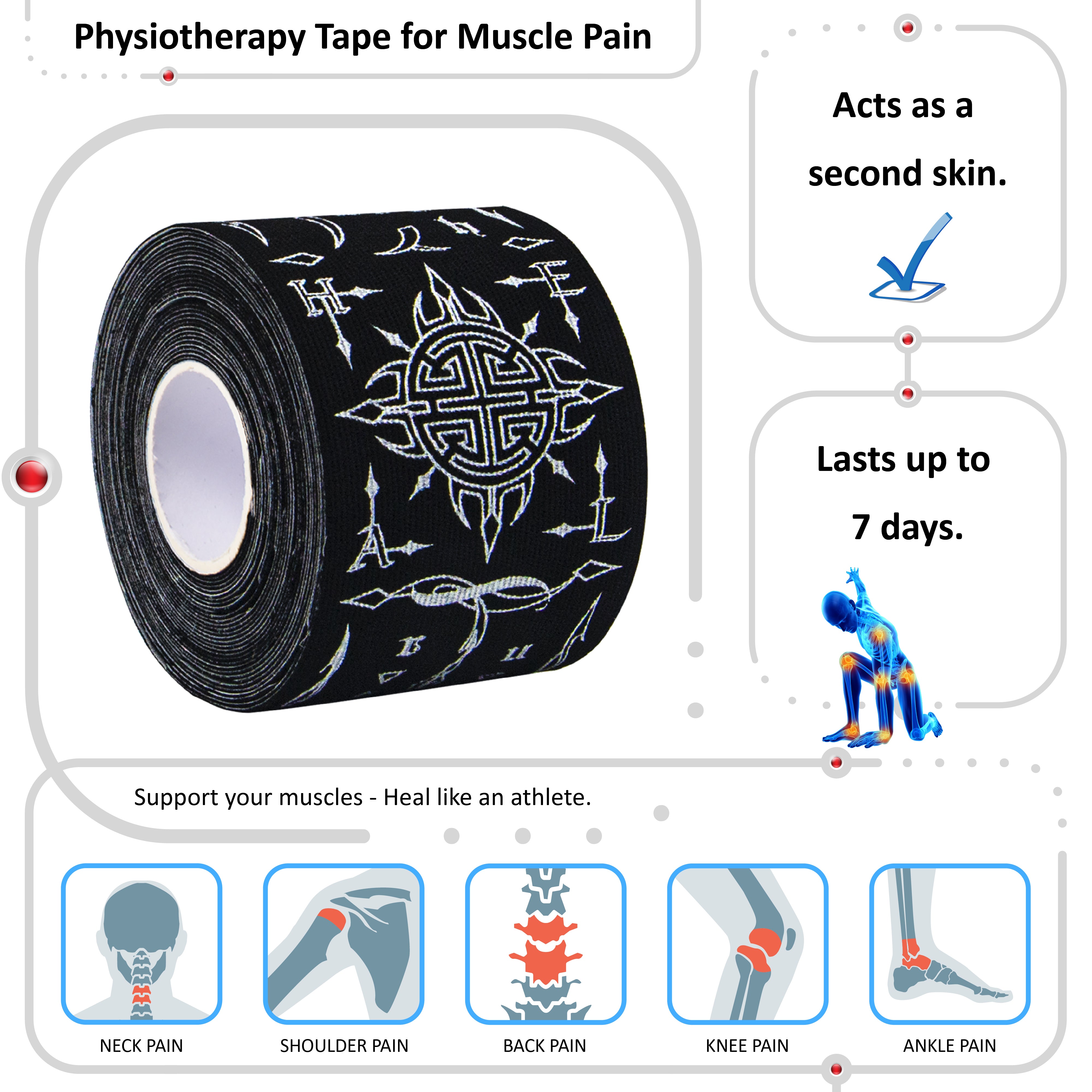 Black Kinesiology Tape Pre Cut with Dispenser - Talisman - Fengshui - Vertical Design - Athletic Sports Tape - For Healing and Recovery