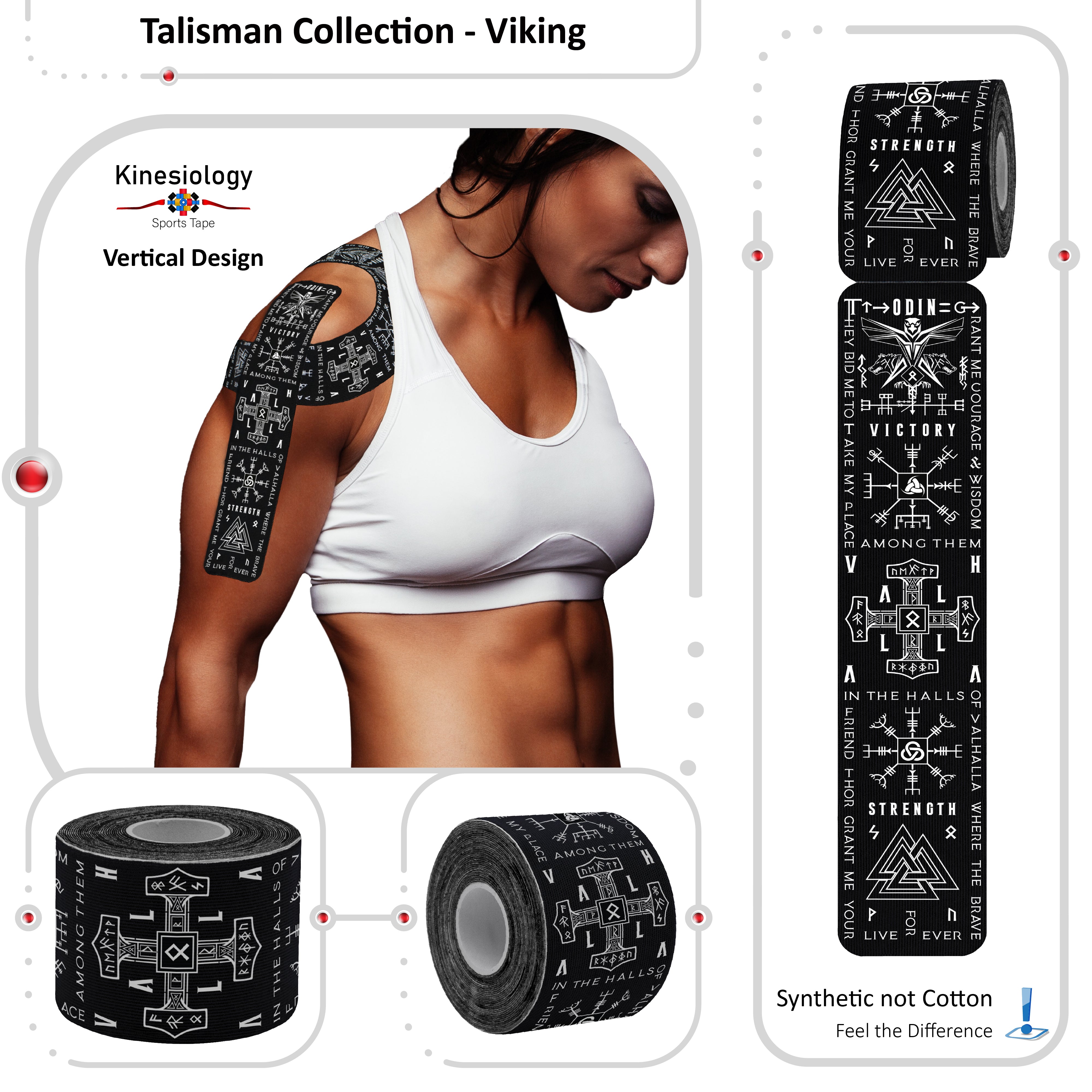Black Kinesiology Tape Pre Cut with Dispenser - Talisman - Viking - Vertical Design - Athletic Sports Tape - For Healing and Recovery