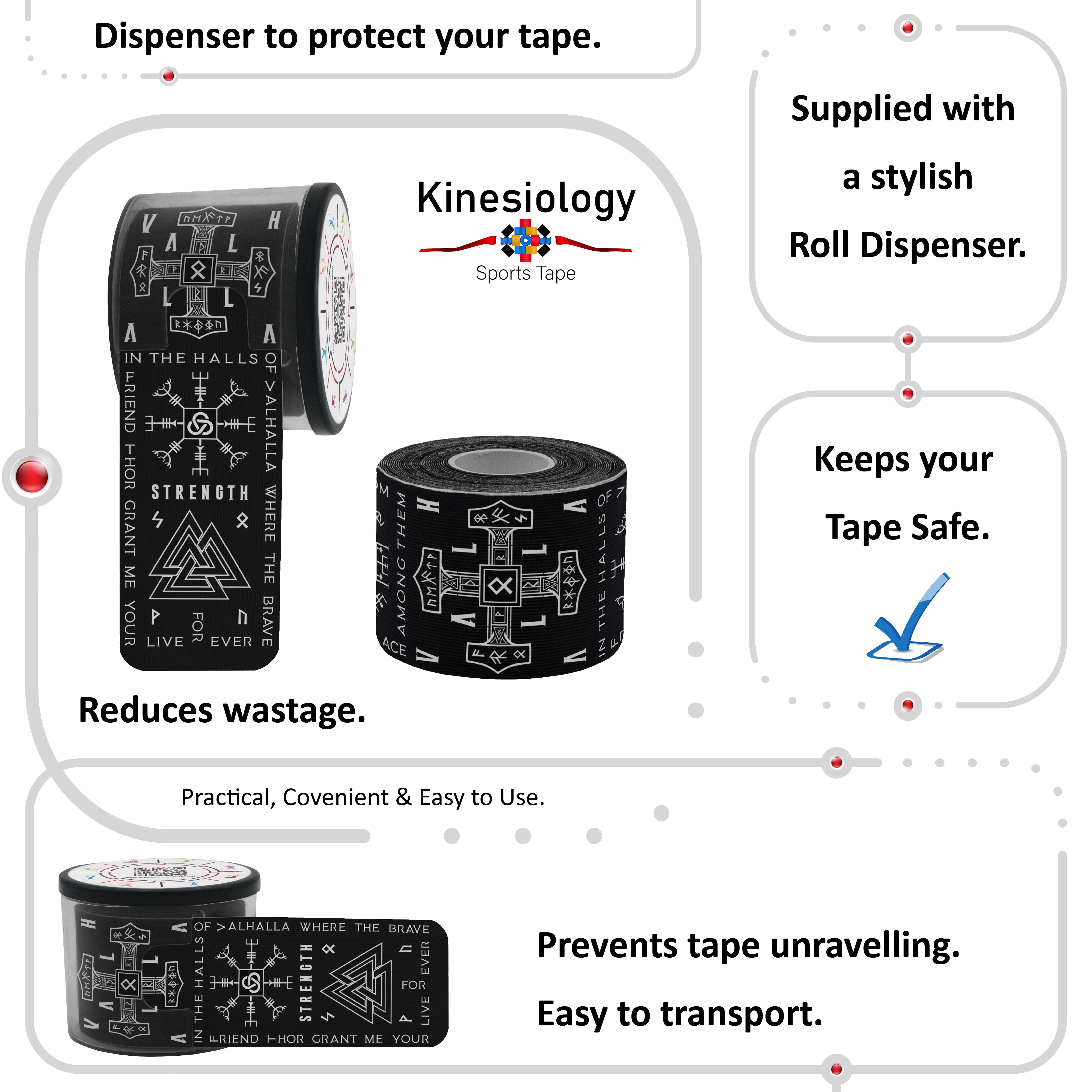 Black Kinesiology Tape Pre Cut with Dispenser - Talisman - Viking - Vertical Design - Athletic Sports Tape - For Healing and Recovery