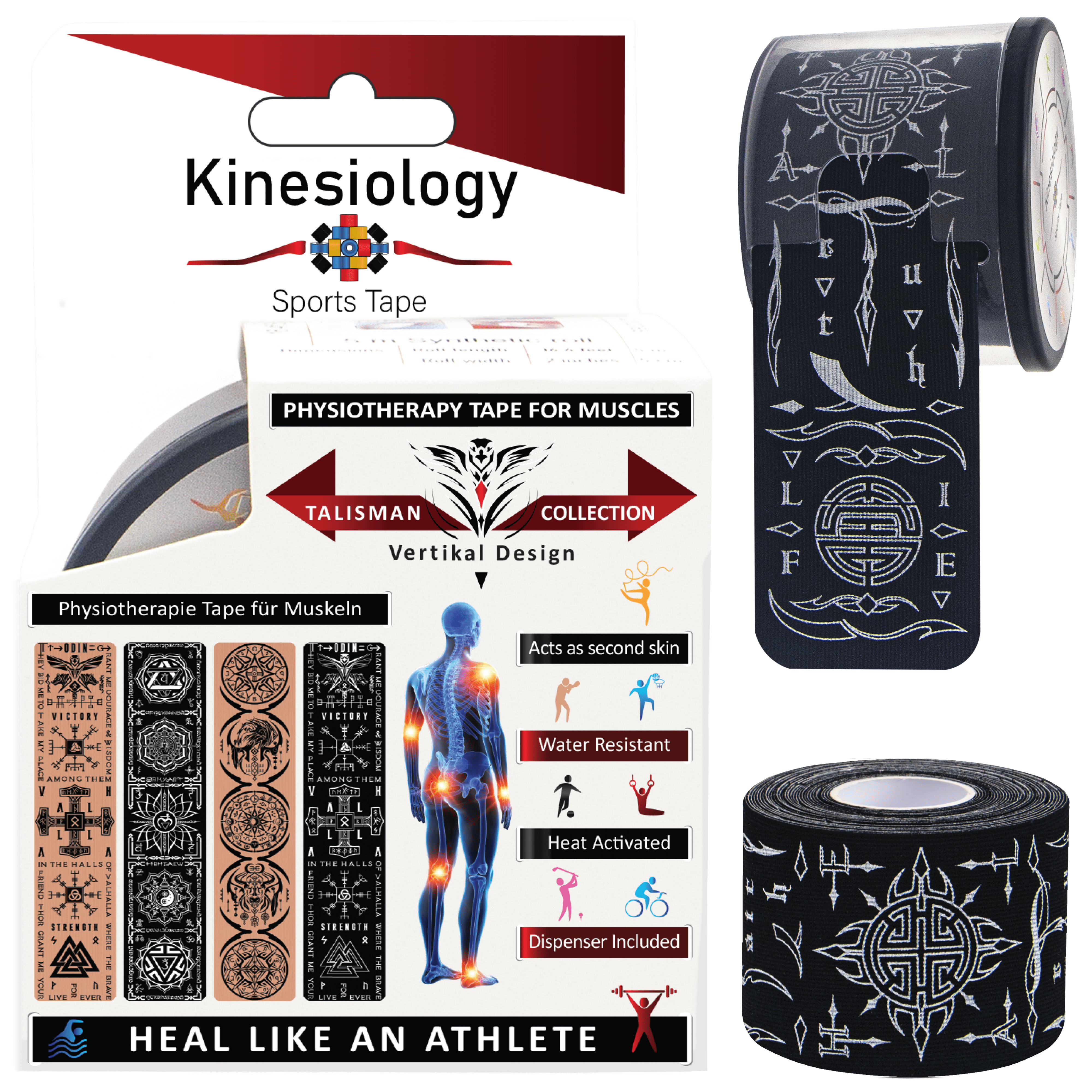 Kinesiology Sports Tape Health & Fitness Black Kinesiology Tape Pre Cut with Dispenser - Talisman - Fengshui - Vertical Design