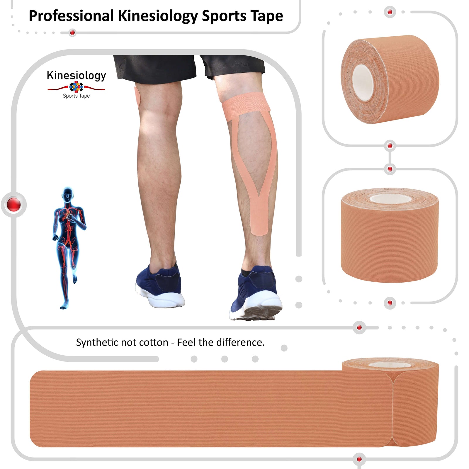 Beige kinesiology tape applied to a man's neck and shoulder, with two rolls of tape beside him – professional sports tape, Kinesiology Sports Tape
