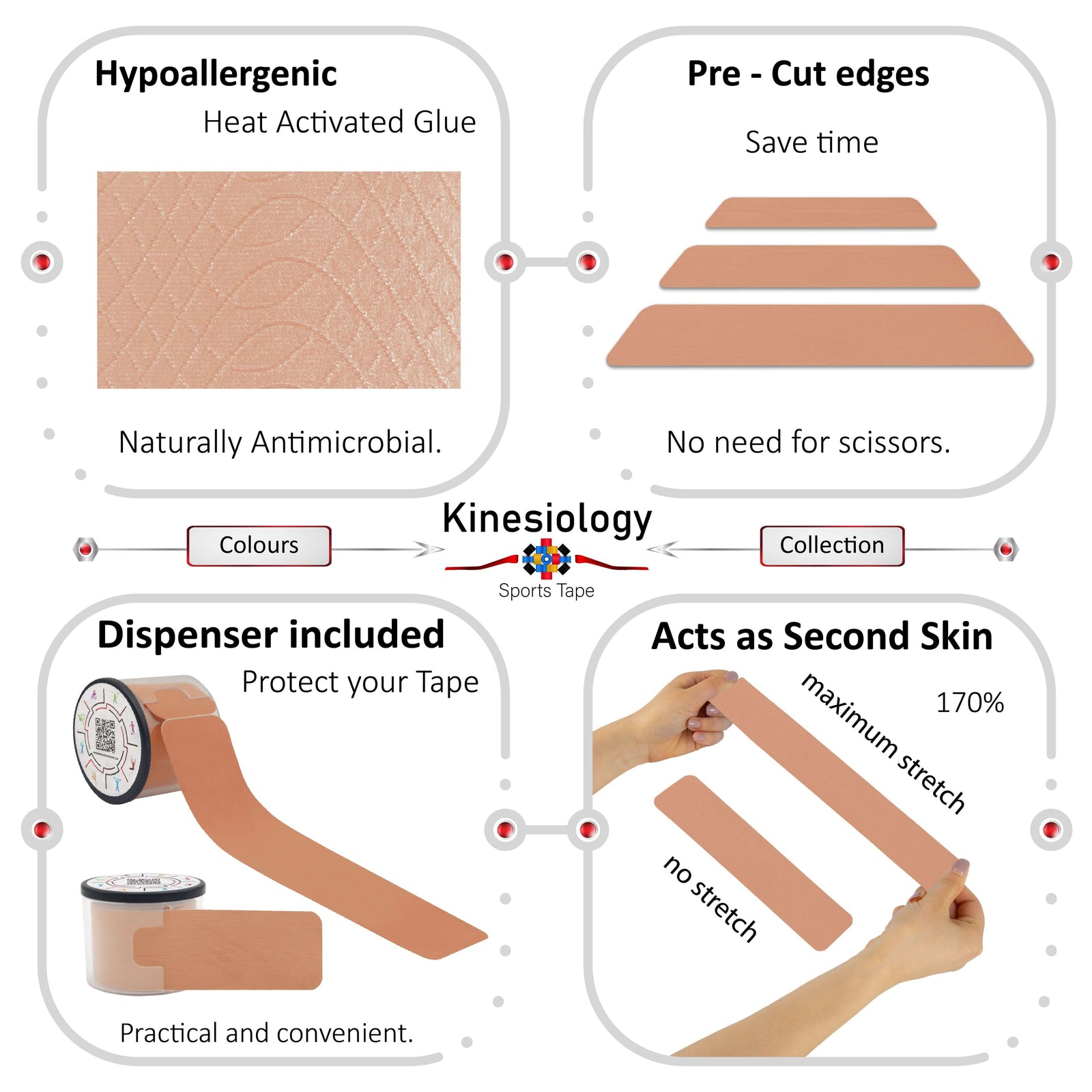 Beige kinesiology tape features: hypoallergenic heat-activated glue, pre-cut edges, dispenser included, 170% stretch – Kinesiology Sports Tape