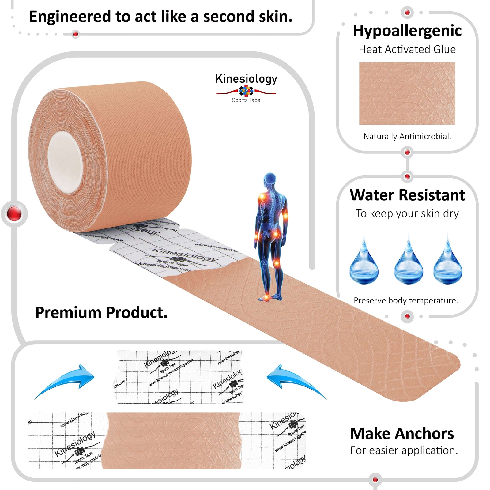 Beige kinesiology tape unrolling from its backing paper, showing the anchor markings – water-resistant, acts like a second skin – Kinesiology Sports Tape