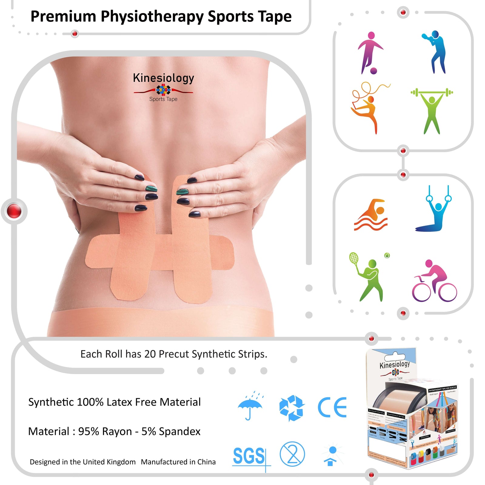 Beige kinesiology tape applied to a woman's knee – 20 pre-cut strips per roll, latex-free 95% rayon 5% spandex – Kinesiology Sports Tape