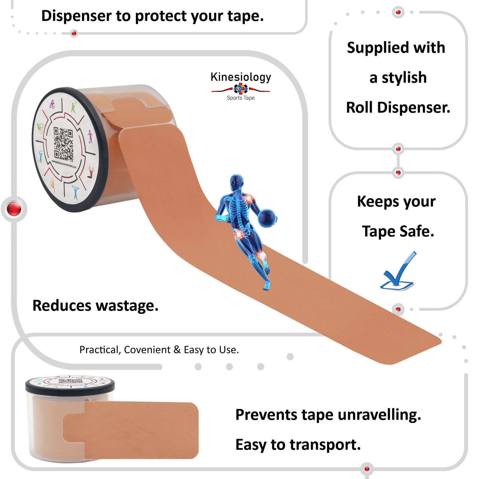 Beige kinesiology tape in its built-in roll dispenser, which keeps the tape safe and stops it unravelling – Kinesiology Sports Tape