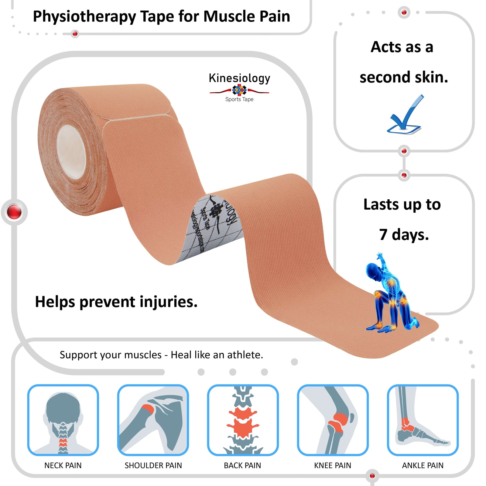 Beige physiotherapy kinesiology tape for muscle pain – neck, shoulder, back, knee and ankle, lasts up to 7 days – Kinesiology Sports Tape