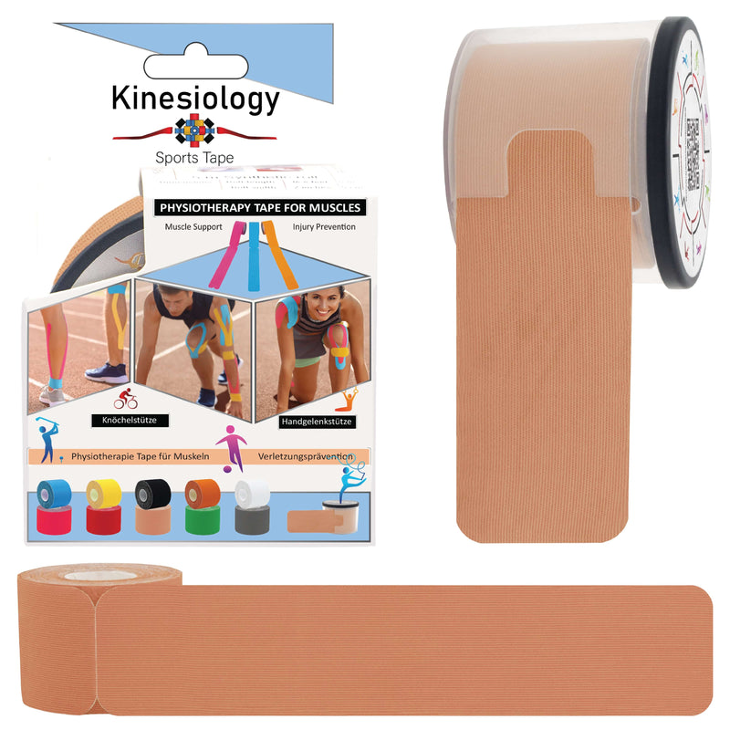 Beige kinesiology tape retail box with a pre-cut roll in its built-in dispenser and a loose strip – beige synthetic kinesiology tape, Kinesiology Sports Tape