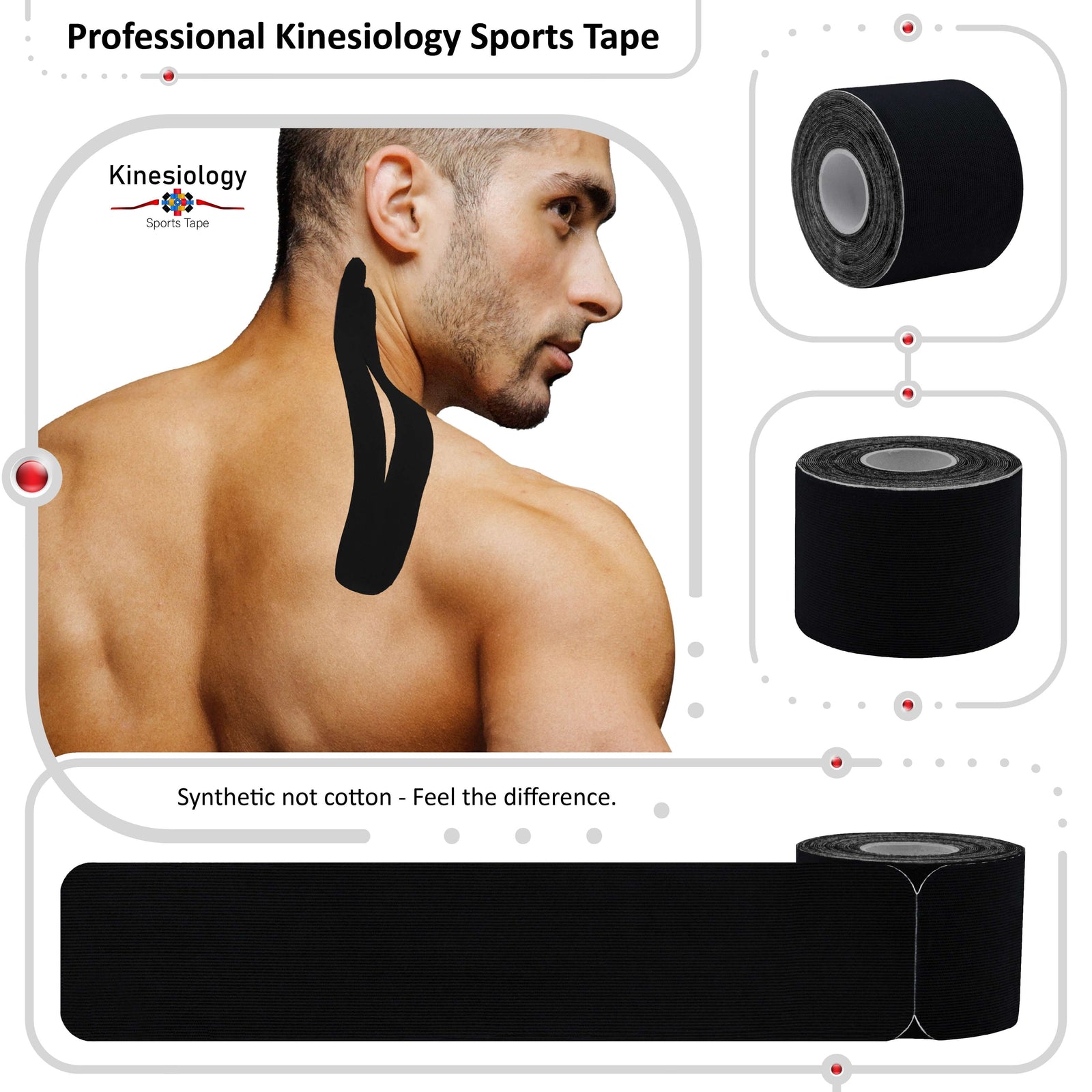 Black kinesiology tape applied to a man's neck and shoulder, with two rolls of tape beside him – professional sports tape, Kinesiology Sports Tape