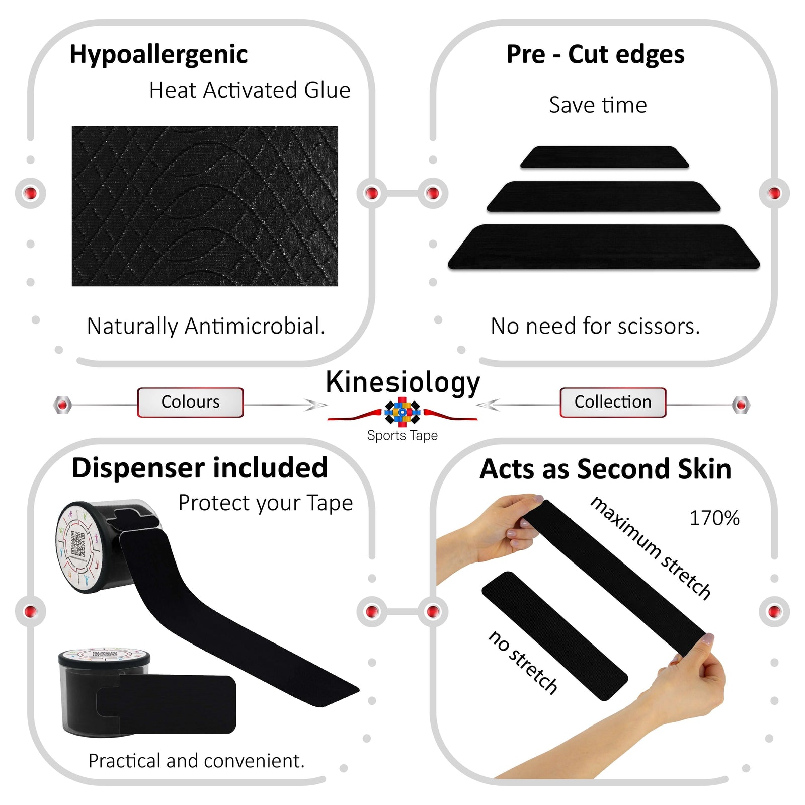Black kinesiology tape features: hypoallergenic heat-activated glue, pre-cut edges, dispenser included, 170% stretch – Kinesiology Sports Tape
