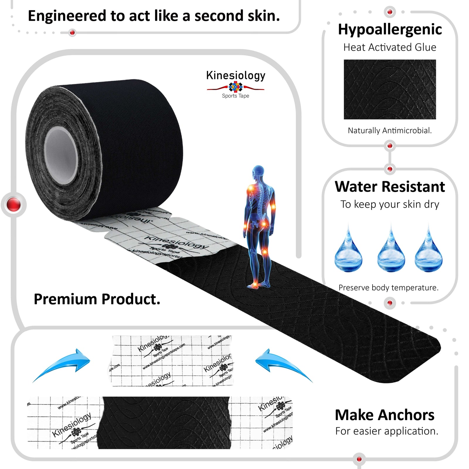 Black kinesiology tape unrolling from its backing paper, showing the anchor markings – water-resistant, acts like a second skin – Kinesiology Sports Tape