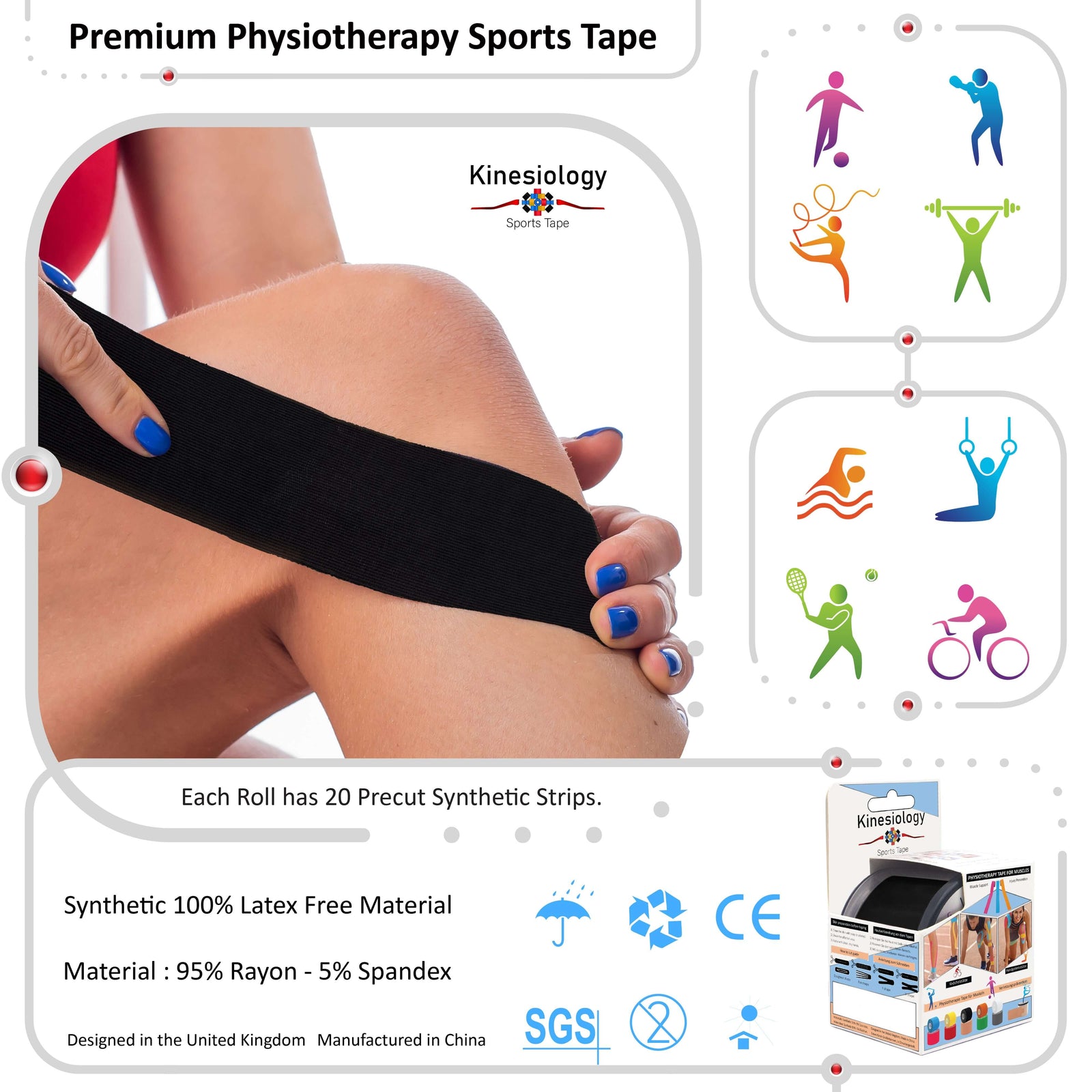 Black kinesiology tape applied to a woman's knee – 20 pre-cut strips per roll, latex-free 95% rayon 5% spandex – Kinesiology Sports Tape