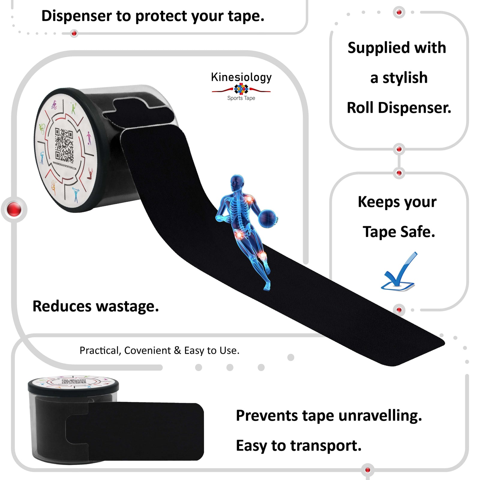 Black kinesiology tape in its built-in roll dispenser, which keeps the tape safe and stops it unravelling – Kinesiology Sports Tape
