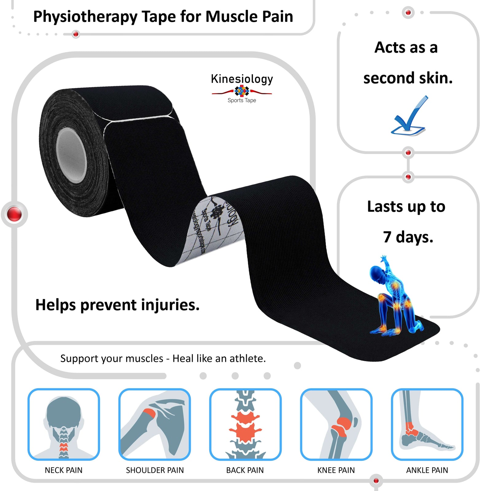 Black physiotherapy kinesiology tape for muscle pain – neck, shoulder, back, knee and ankle, lasts up to 7 days – Kinesiology Sports Tape