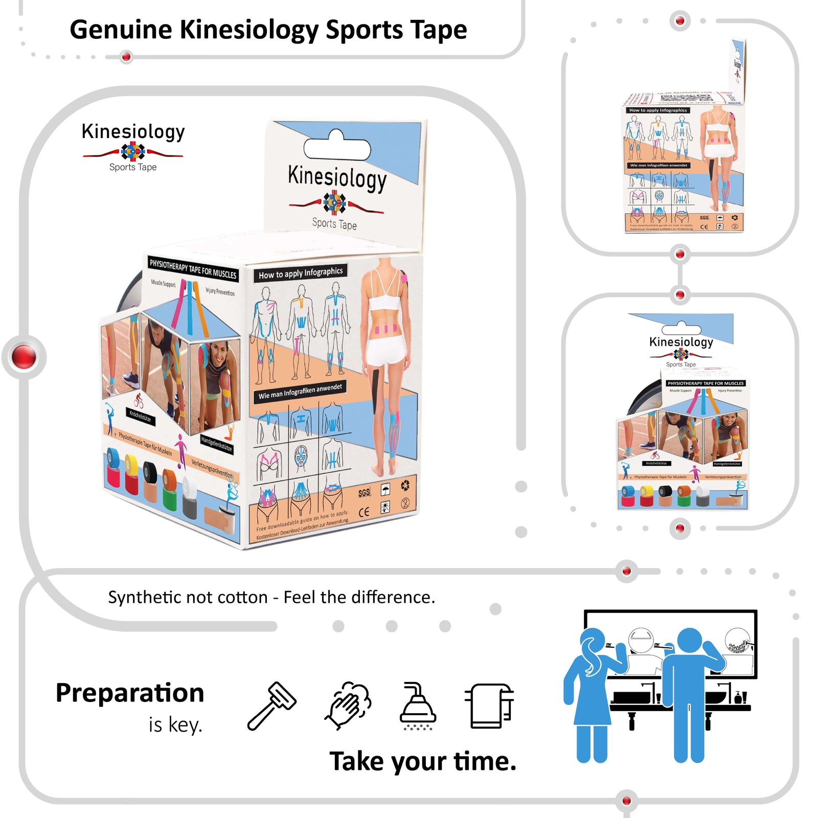 Genuine Kinesiology Sports Tape retail box for black synthetic kinesiology tape, with the full colour range and a preparation guide