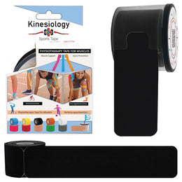 Black kinesiology tape retail box with a pre-cut roll in its built-in dispenser and a loose strip – black synthetic kinesiology tape, Kinesiology Sports Tape