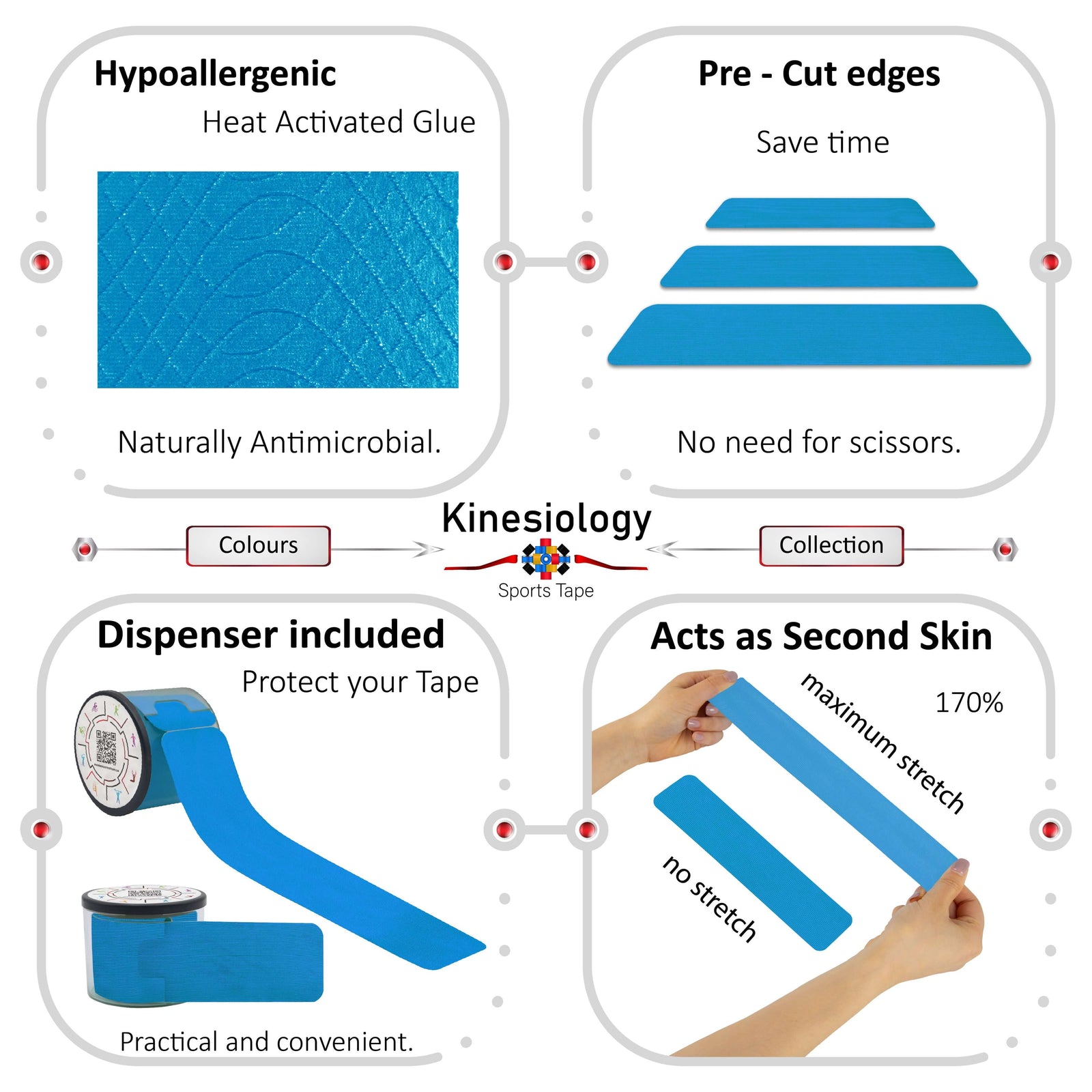 Blue kinesiology tape features: hypoallergenic heat-activated glue, pre-cut edges, dispenser included, 170% stretch – Kinesiology Sports Tape