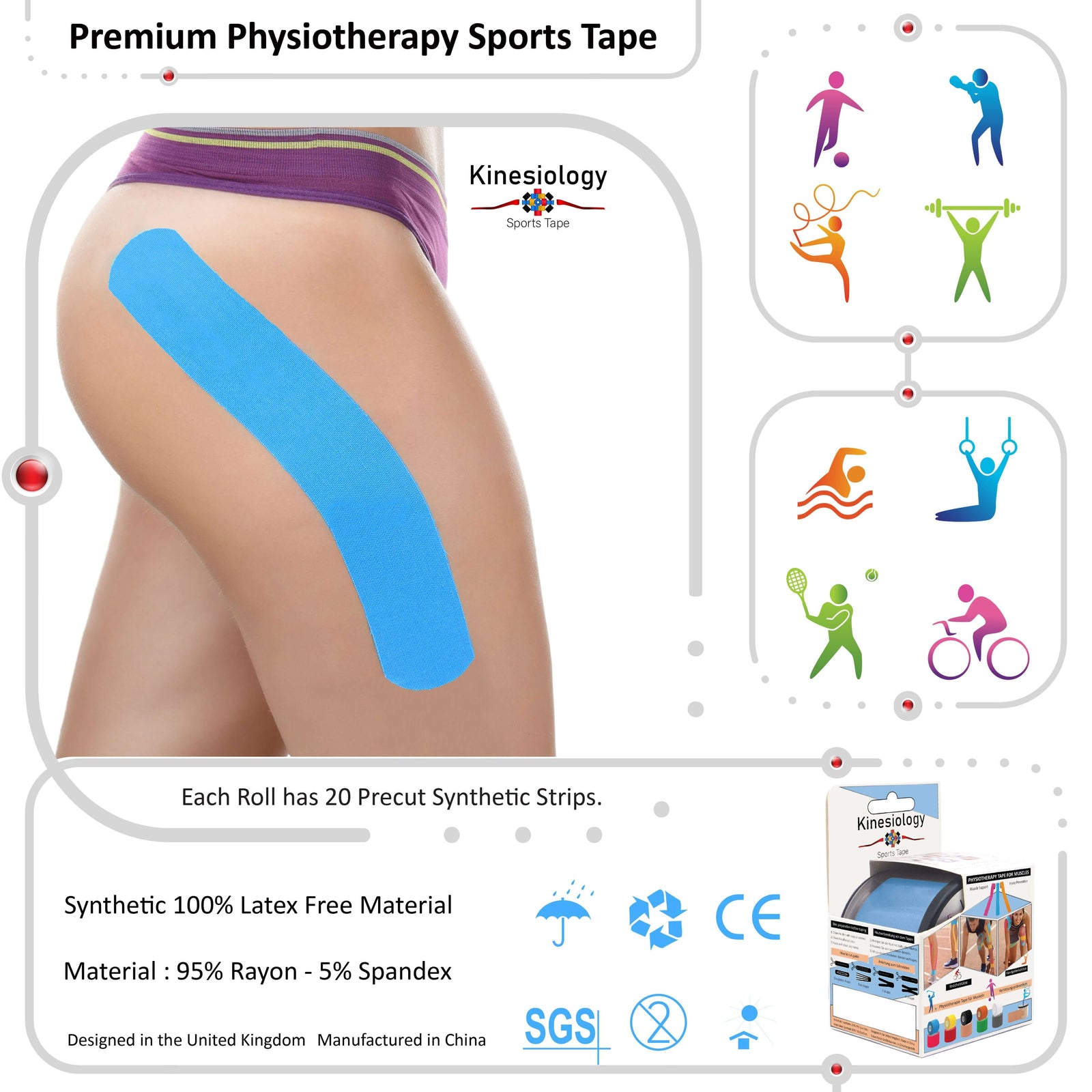 Blue kinesiology tape unrolling from its backing paper, showing the anchor markings – water-resistant, acts like a second skin – Kinesiology Sports Tape