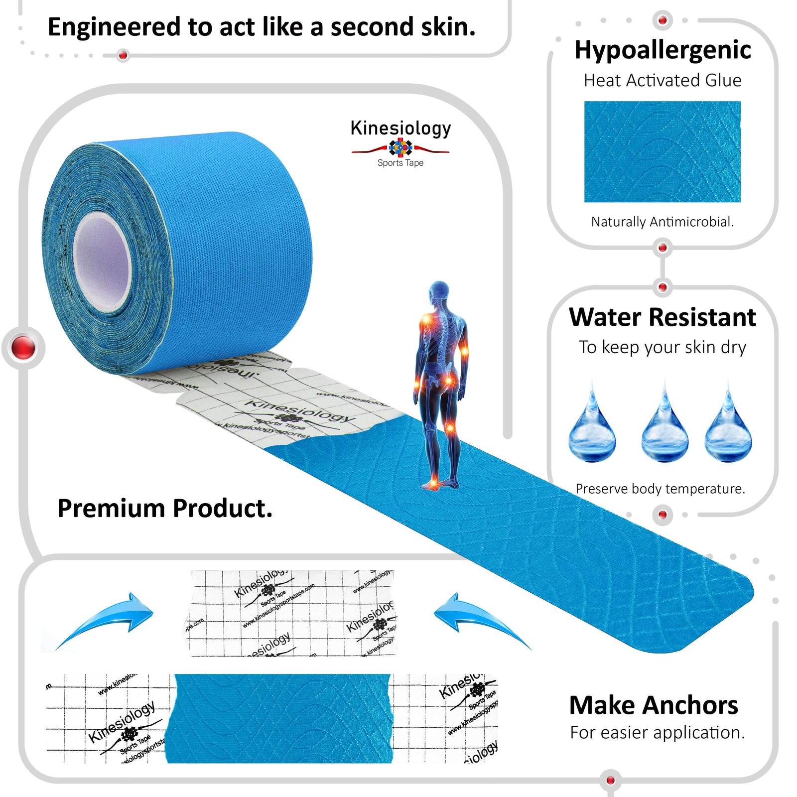 Blue kinesiology tape applied to a woman's knee – 20 pre-cut strips per roll, latex-free 95% rayon 5% spandex – Kinesiology Sports Tape