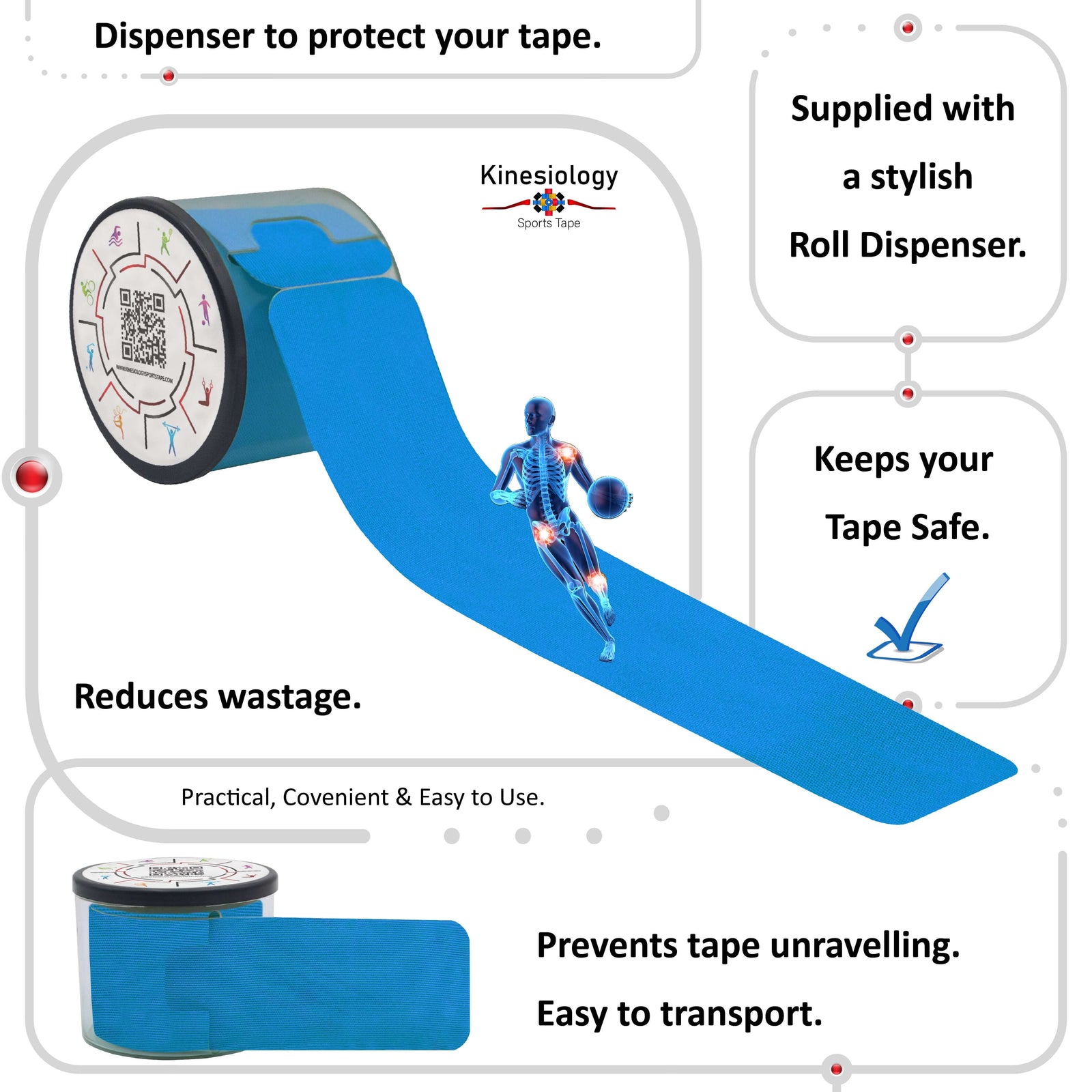 Blue kinesiology tape in its built-in roll dispenser, which keeps the tape safe and stops it unravelling – Kinesiology Sports Tape