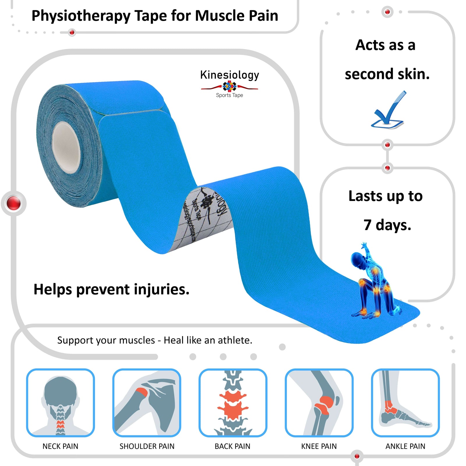 Blue physiotherapy kinesiology tape for muscle pain – neck, shoulder, back, knee and ankle, lasts up to 7 days – Kinesiology Sports Tape