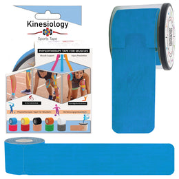 Blue kinesiology tape retail box with a pre-cut roll in its built-in dispenser and a loose strip – blue synthetic kinesiology tape, Kinesiology Sports Tape