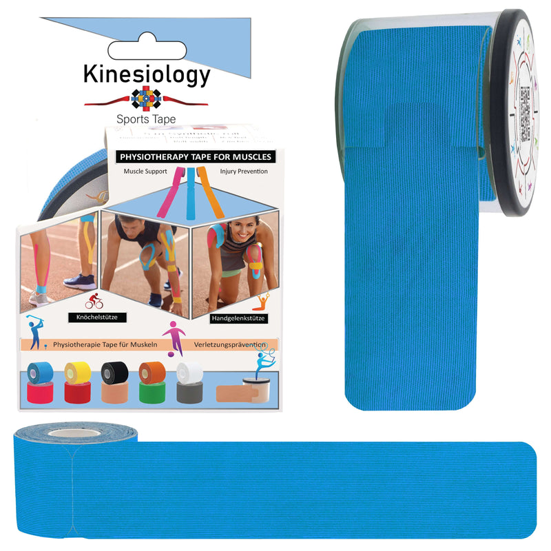Blue kinesiology tape retail box with a pre-cut roll in its built-in dispenser and a loose strip – blue synthetic kinesiology tape, Kinesiology Sports Tape