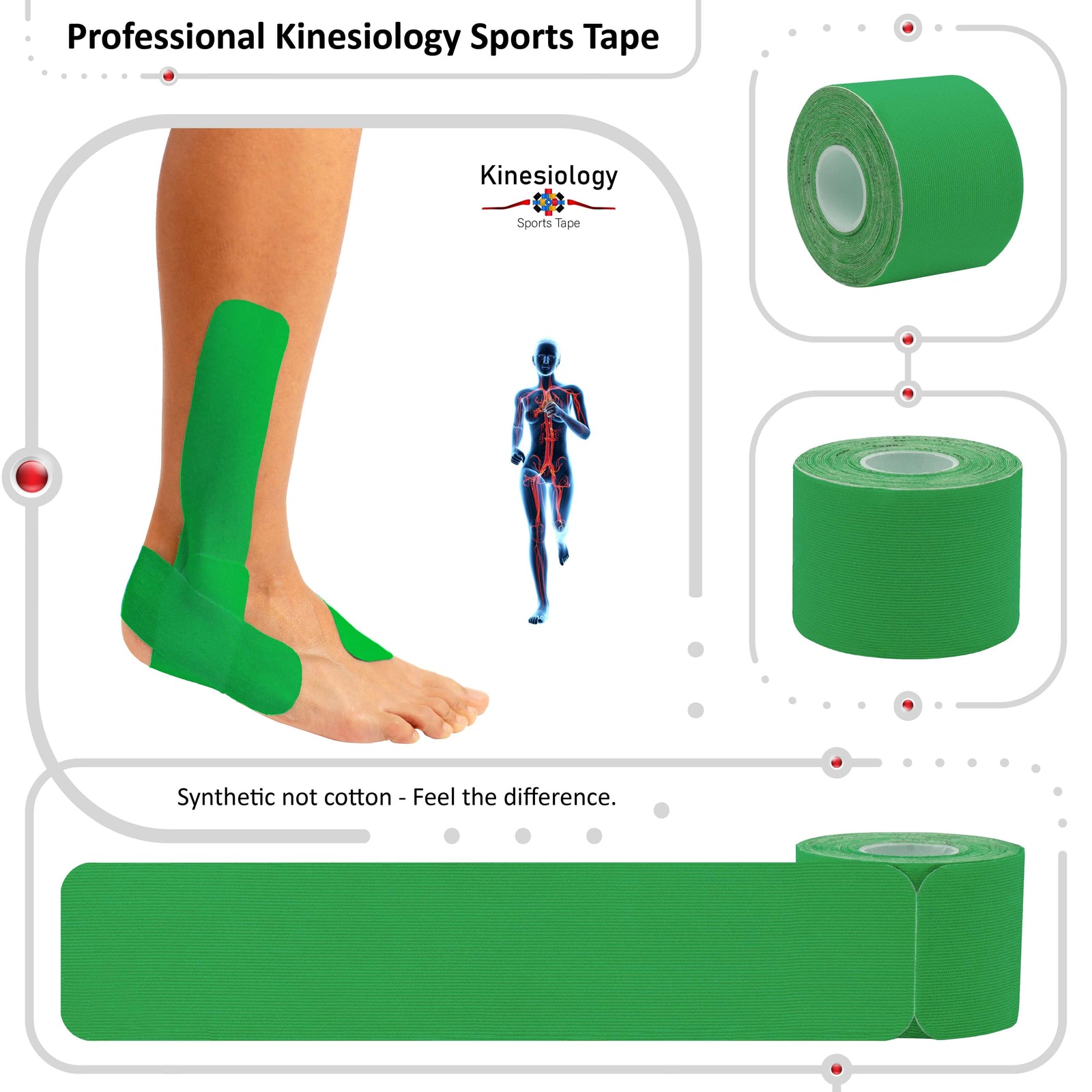 Green kinesiology tape applied to a man's neck and shoulder, with two rolls of tape beside him – professional sports tape, Kinesiology Sports Tape