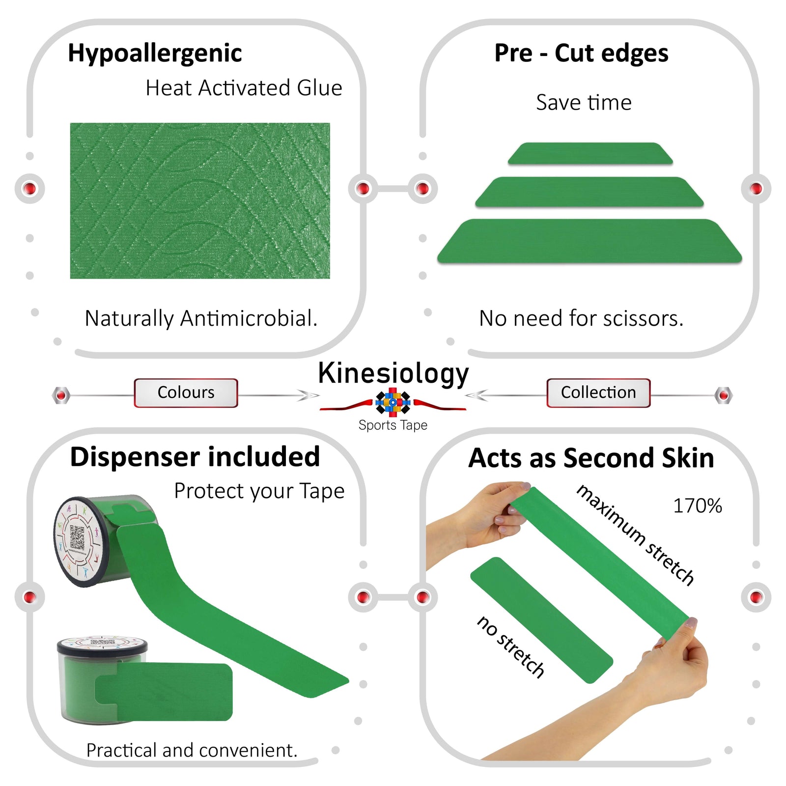 Green kinesiology tape features: hypoallergenic heat-activated glue, pre-cut edges, dispenser included, 170% stretch – Kinesiology Sports Tape