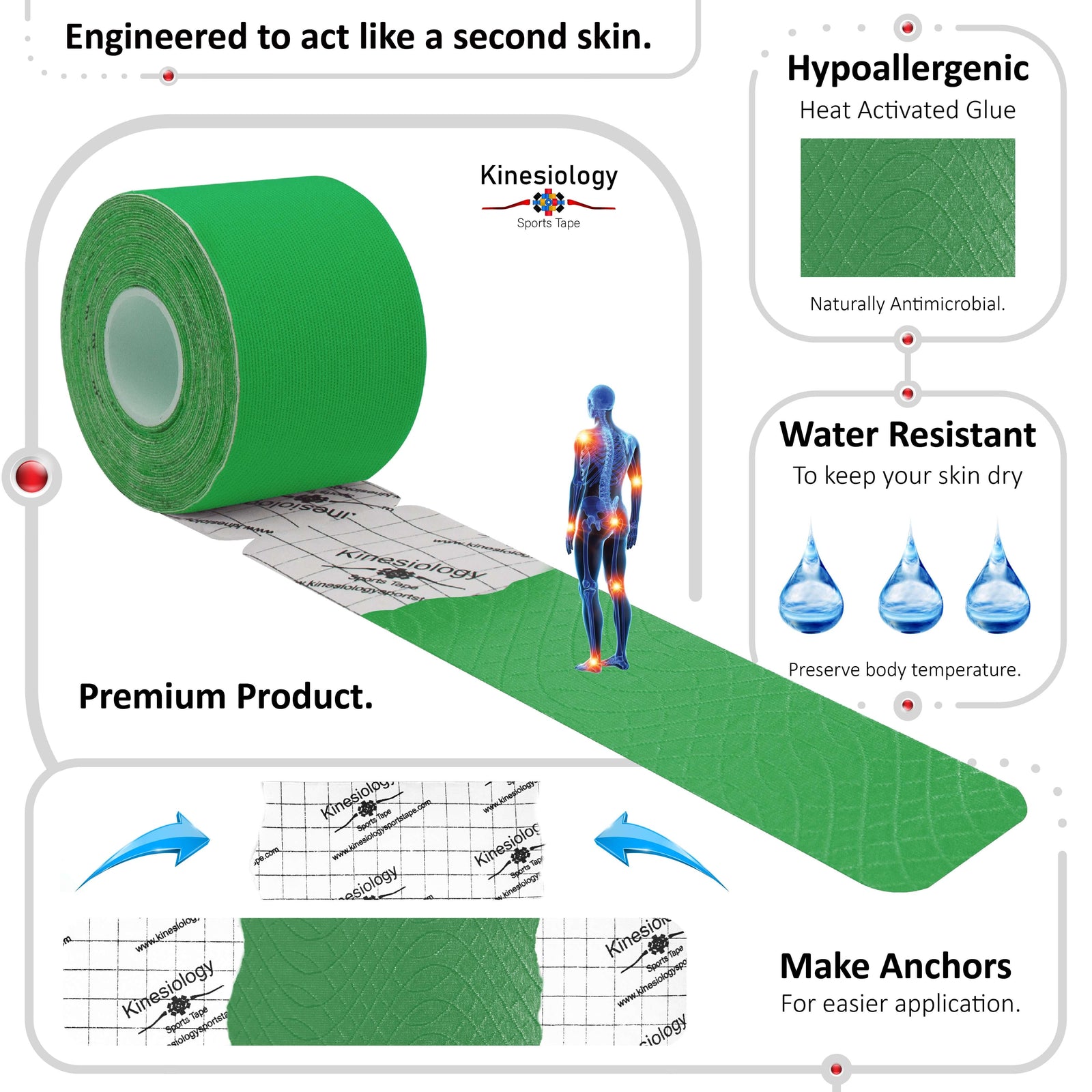 Green kinesiology tape unrolling from its backing paper, showing the anchor markings – water-resistant, acts like a second skin – Kinesiology Sports Tape