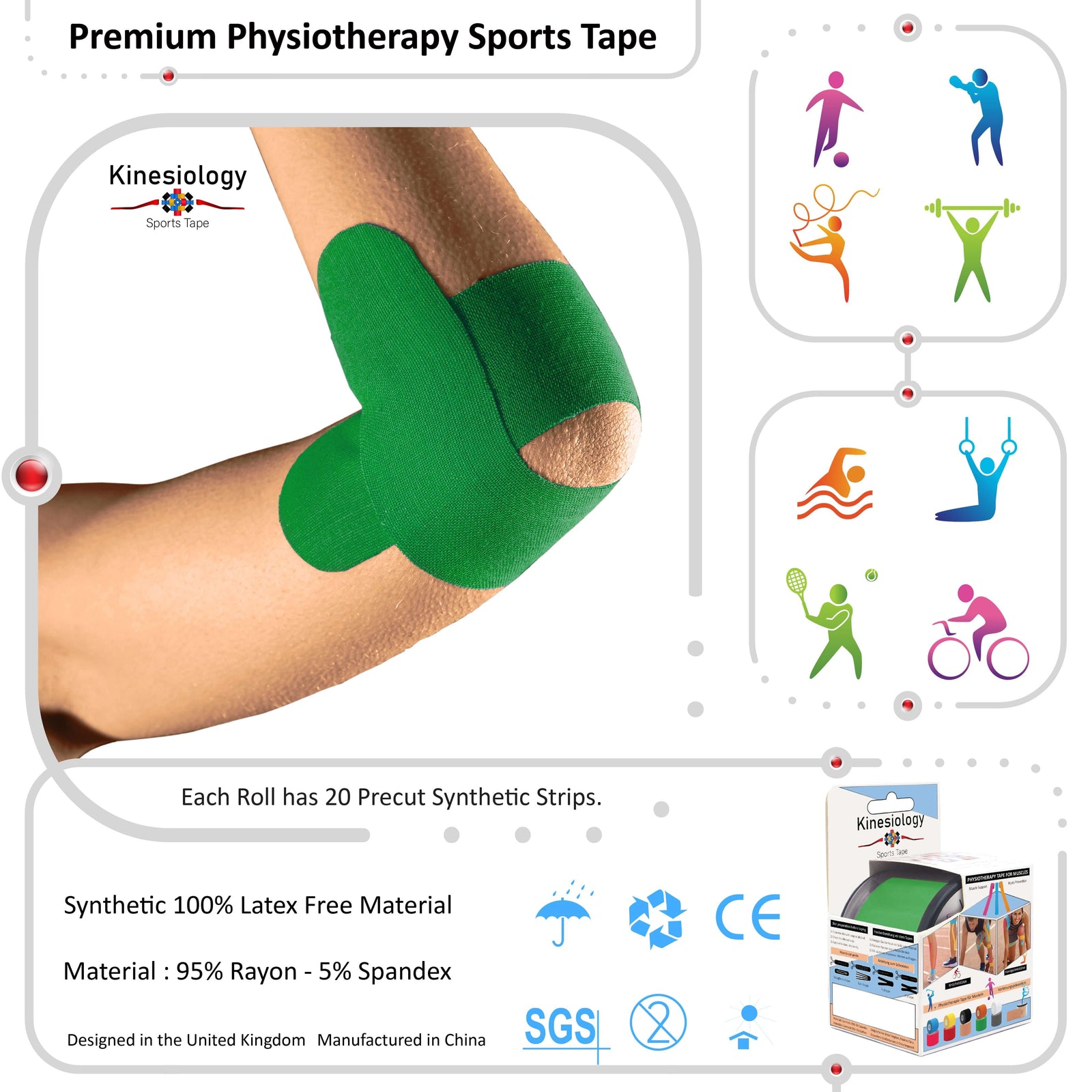 Green kinesiology tape applied to a woman's knee – 20 pre-cut strips per roll, latex-free 95% rayon 5% spandex – Kinesiology Sports Tape