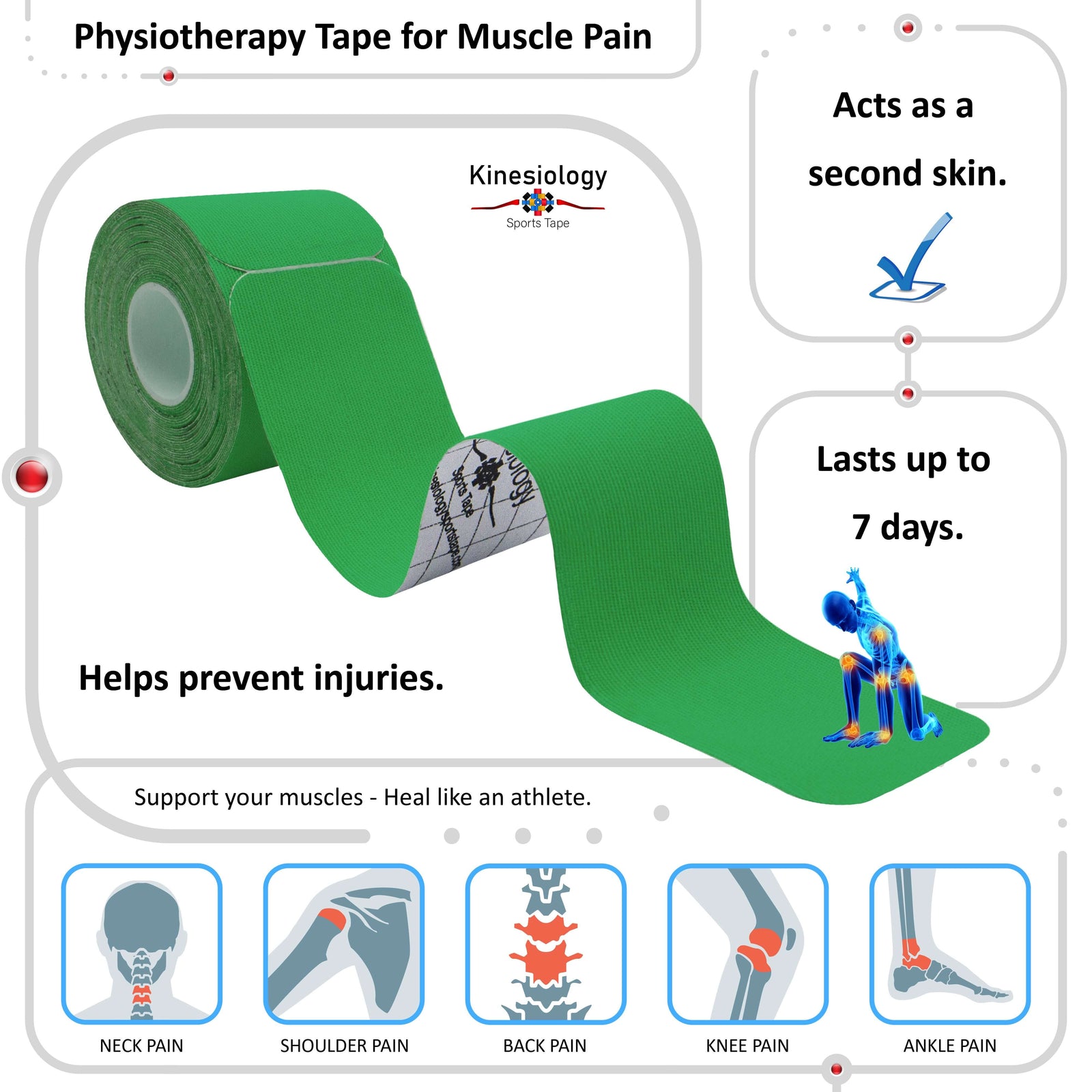 Green physiotherapy kinesiology tape for muscle pain – neck, shoulder, back, knee and ankle, lasts up to 7 days – Kinesiology Sports Tape