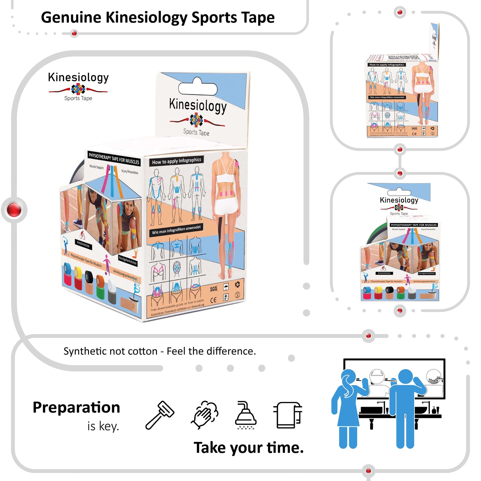Genuine Kinesiology Sports Tape retail box for green synthetic kinesiology tape, with the full colour range and a preparation guide