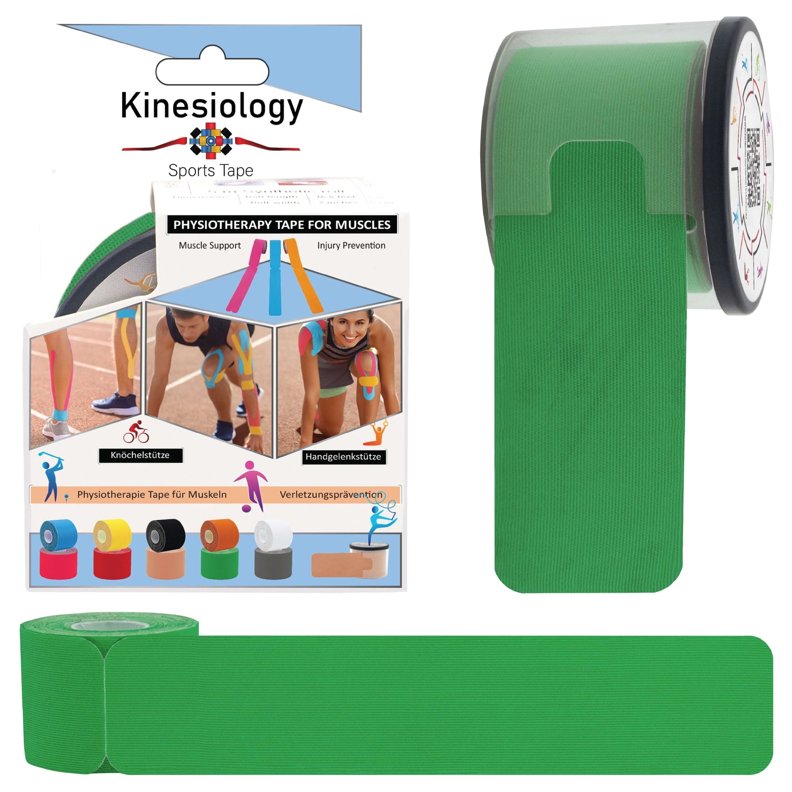 Green kinesiology tape retail box with a pre-cut roll in its built-in dispenser and a loose strip – green synthetic kinesiology tape, Kinesiology Sports Tape